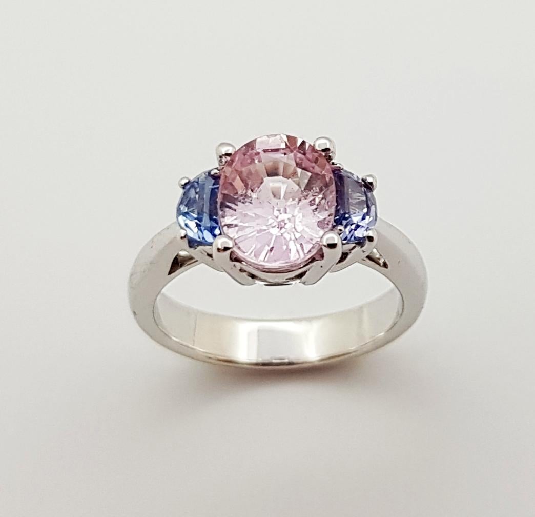 Morganite with Blue Sapphire Ring Set in 18 Karat White Gold Settings For Sale 10