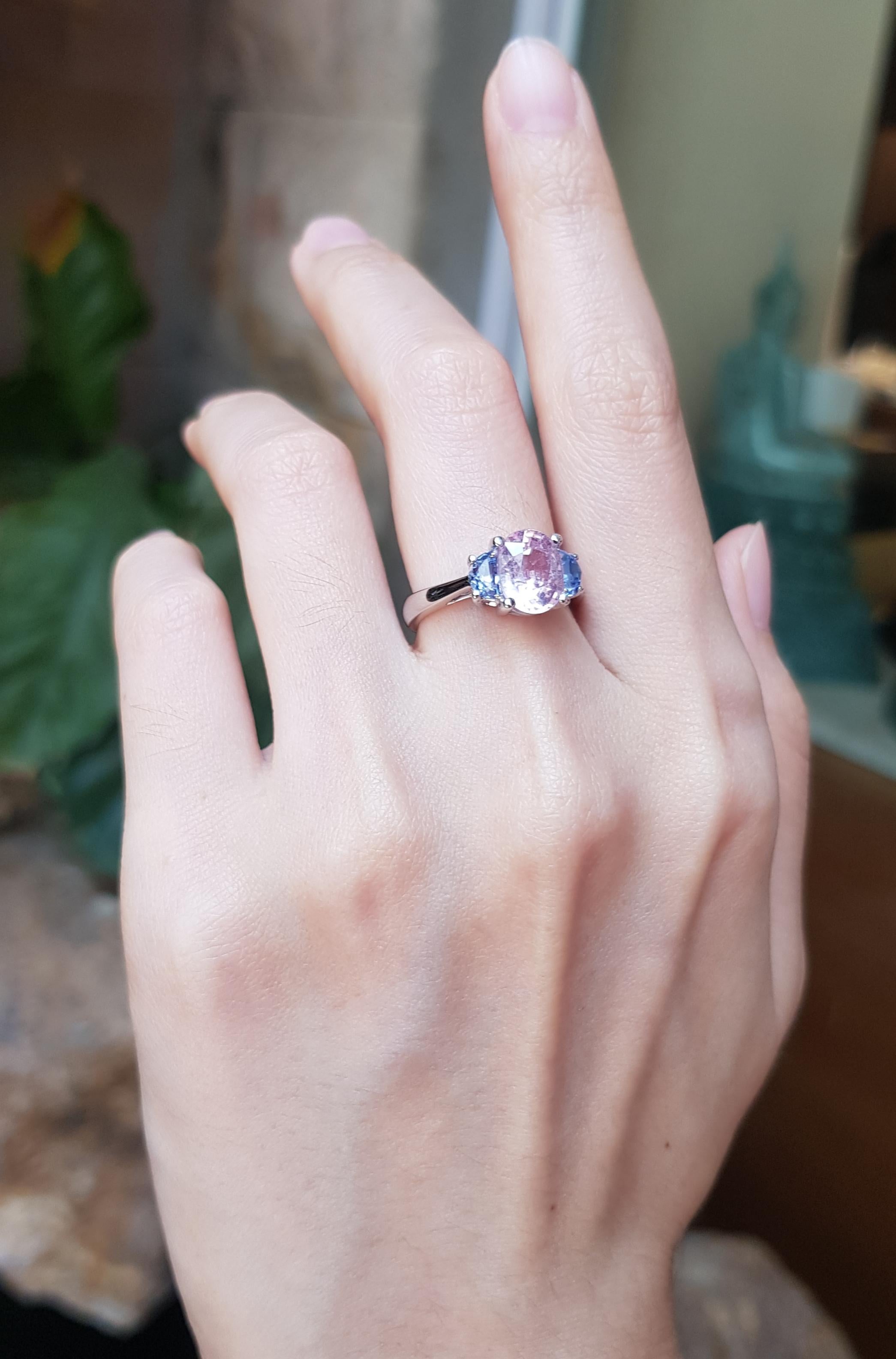 Mixed Cut Morganite with Blue Sapphire Ring Set in 18 Karat White Gold Settings For Sale