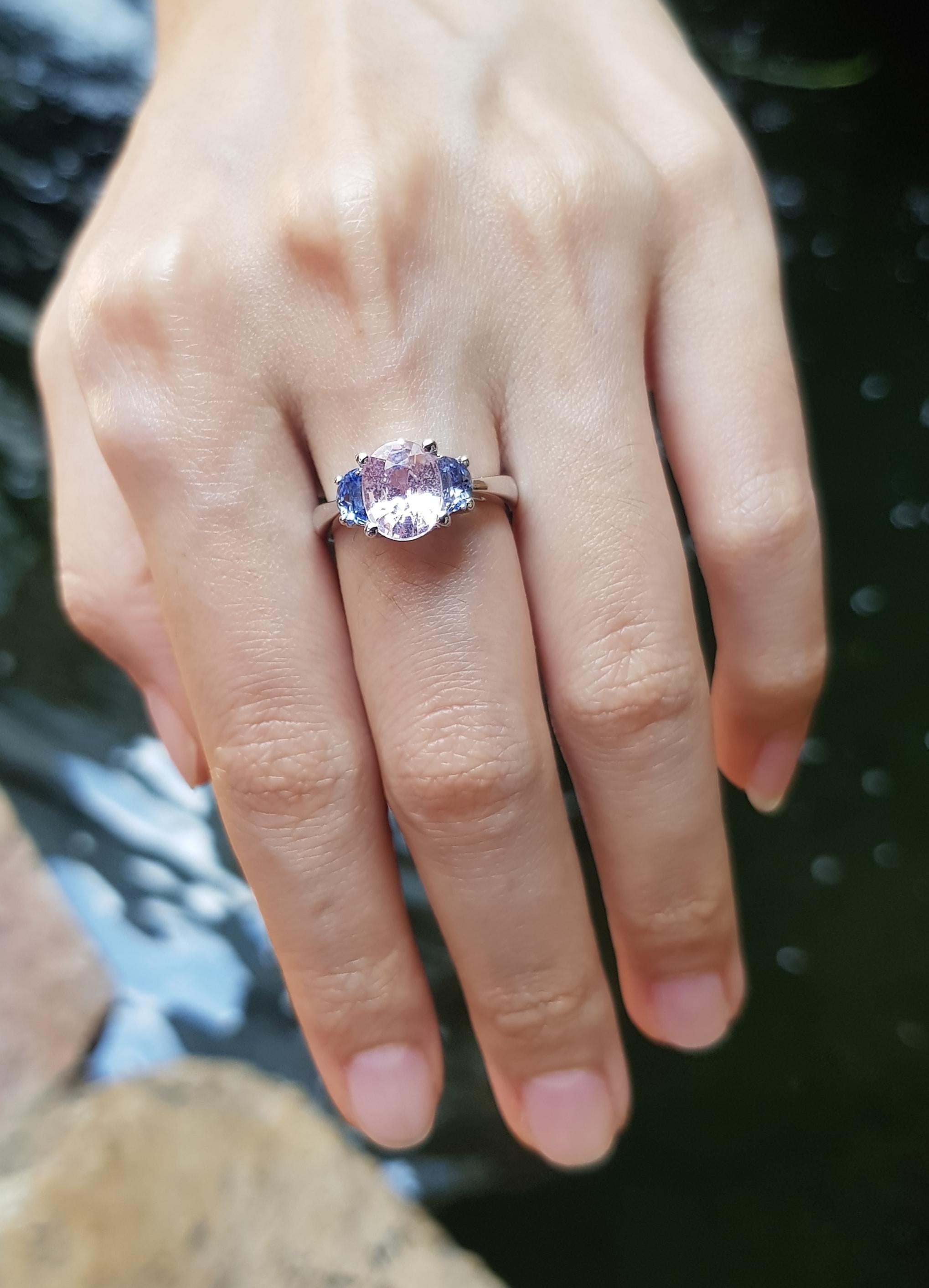Women's Morganite with Blue Sapphire Ring Set in 18 Karat White Gold Settings For Sale