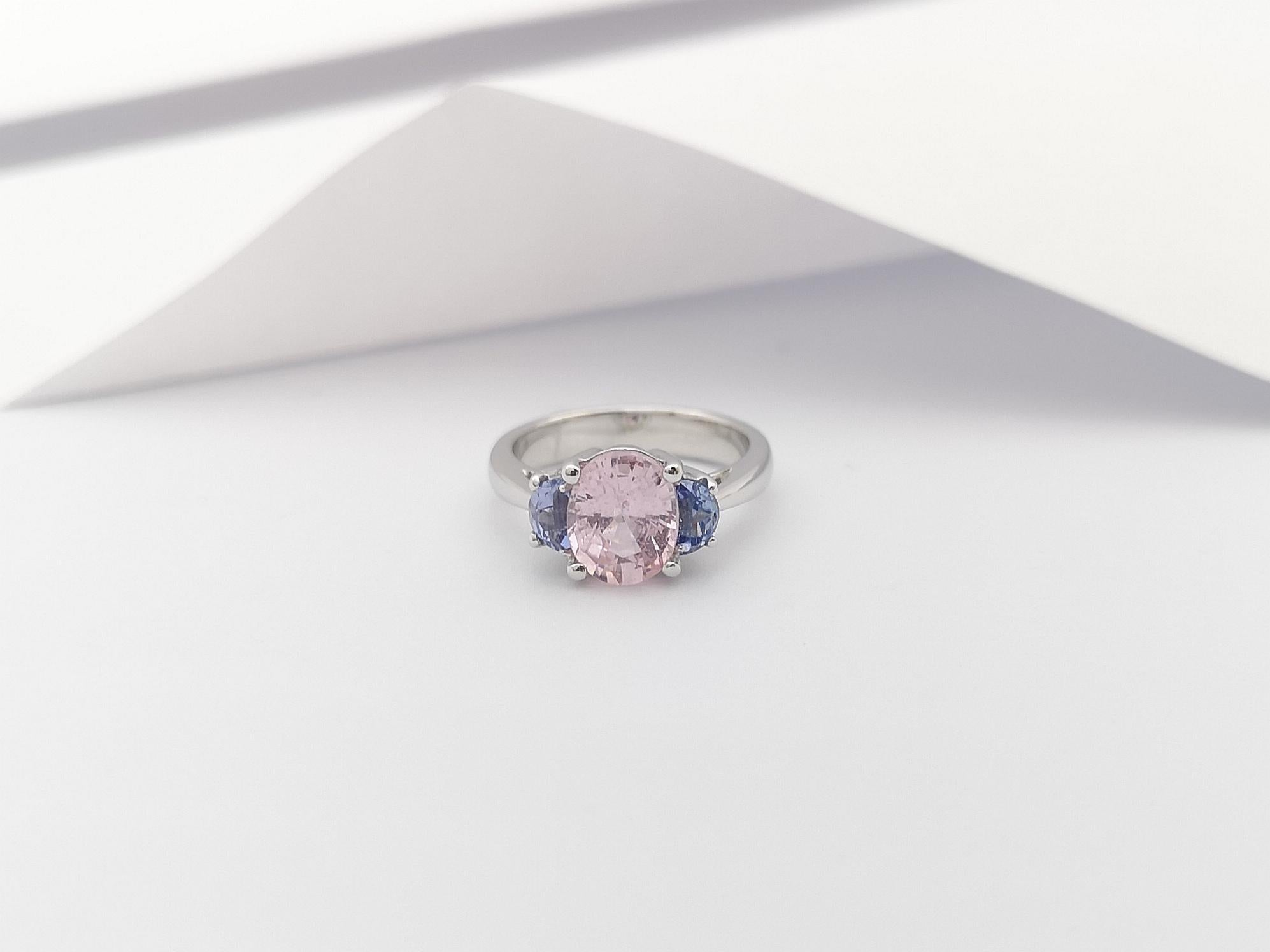 Morganite with Blue Sapphire Ring Set in 18 Karat White Gold Settings For Sale 1