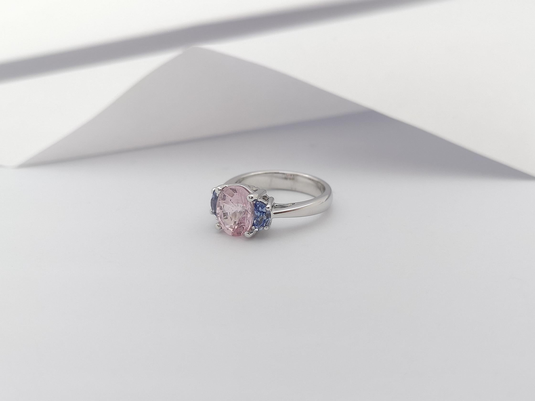 Morganite with Blue Sapphire Ring Set in 18 Karat White Gold Settings For Sale 2