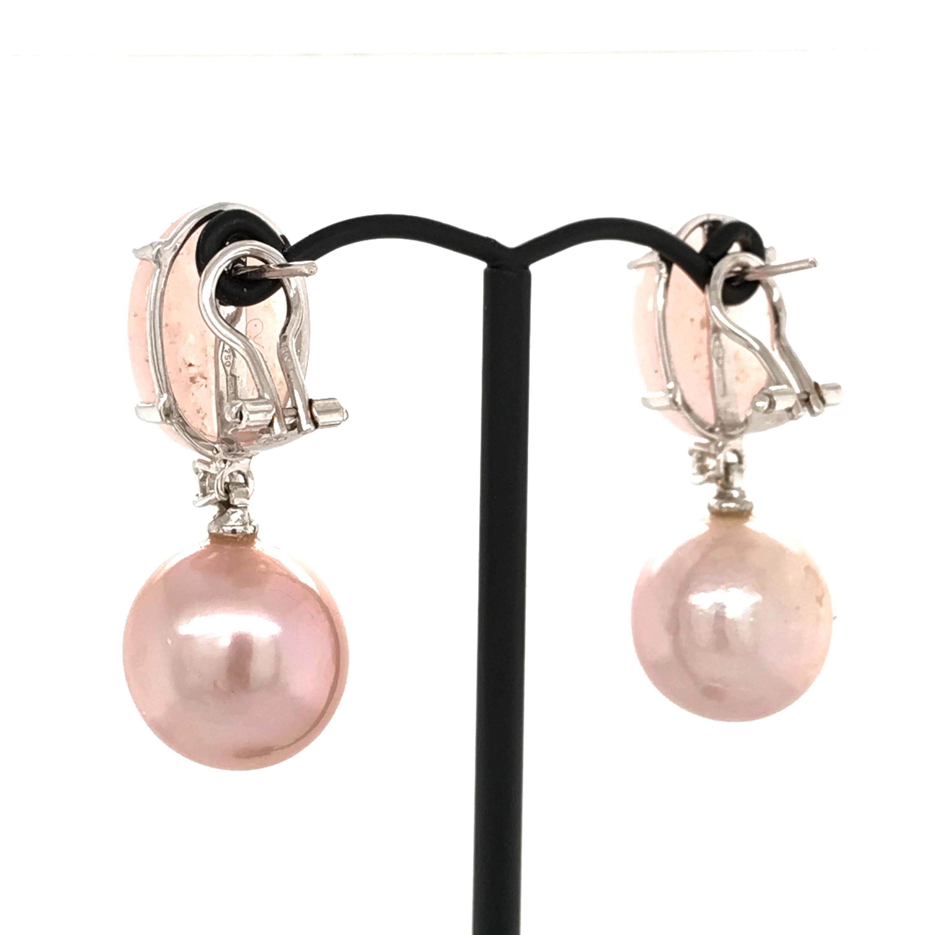 Cabochon Morganite with Cultured Perles and Diamonds on White Gold Chandelier Earrings
