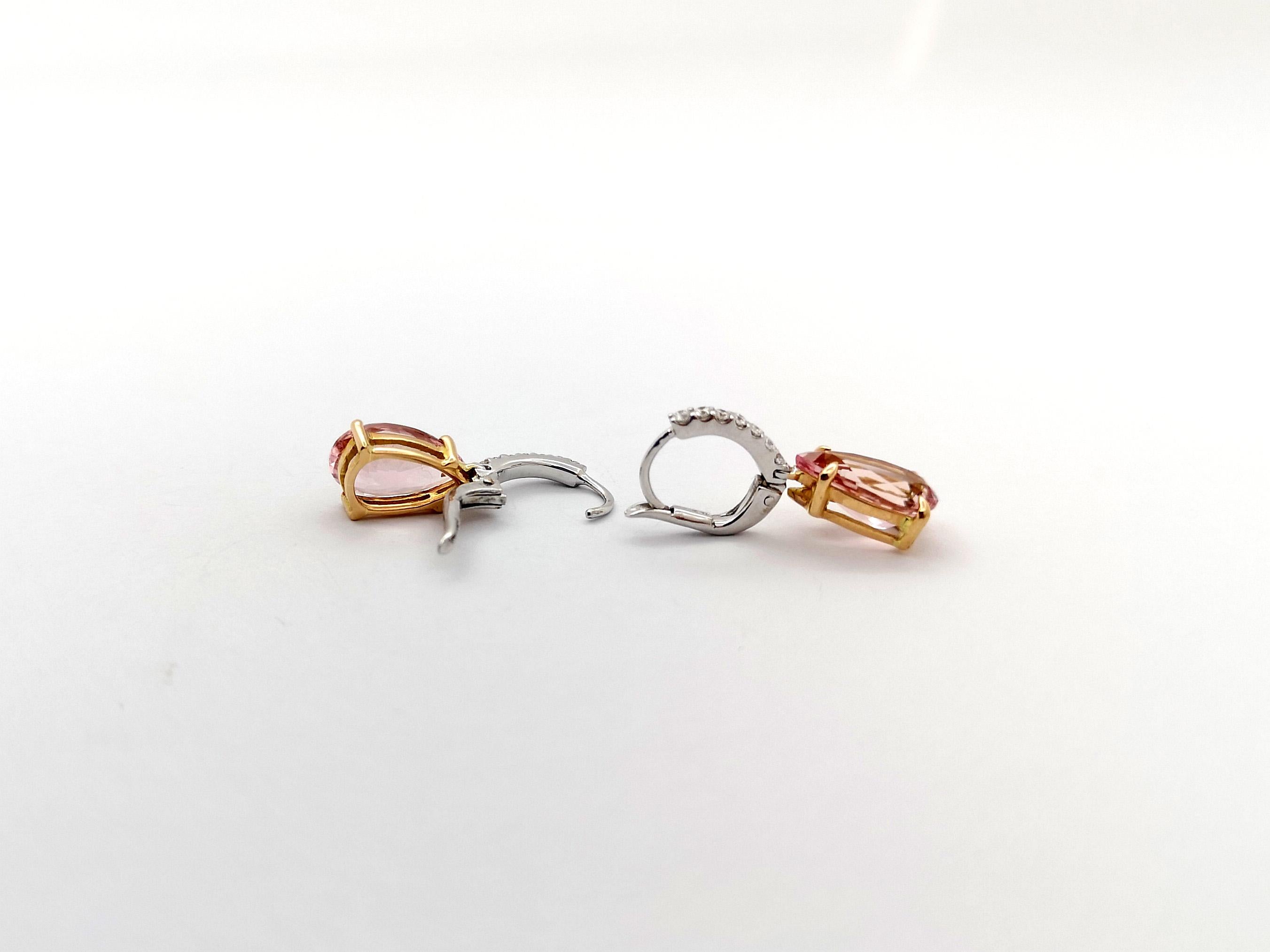 Pear Cut Morganite with Diamond Earrings set in 18K White/Rose Gold Settings For Sale