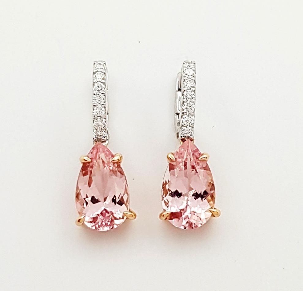 Morganite with Diamond Earrings set in 18K White/Rose Gold Settings In New Condition For Sale In Bangkok, TH