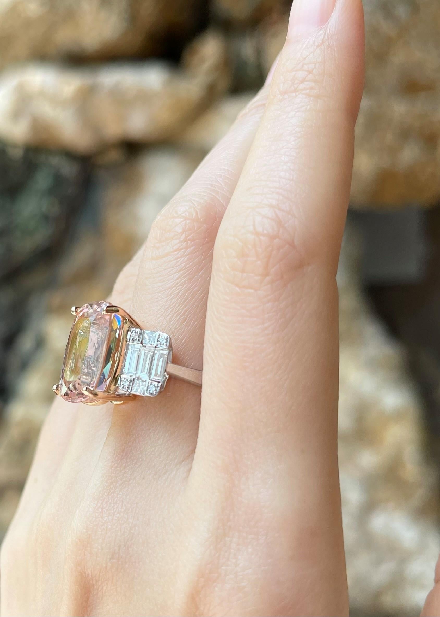 Emerald Cut Morganite with Diamond Ring set in 18K White Gold Settings For Sale