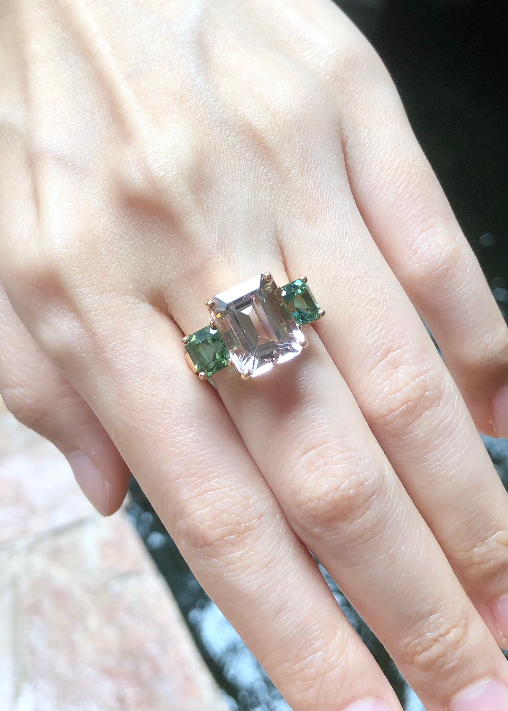 Morganite 5.89 carats with Green Tourmaline 2.74 carats Ring set in 18K Rose Gold Settings

Width:  1.8 cm 
Length: 1.1 cm
Ring Size: 53
Total Weight: 8.41 grams

