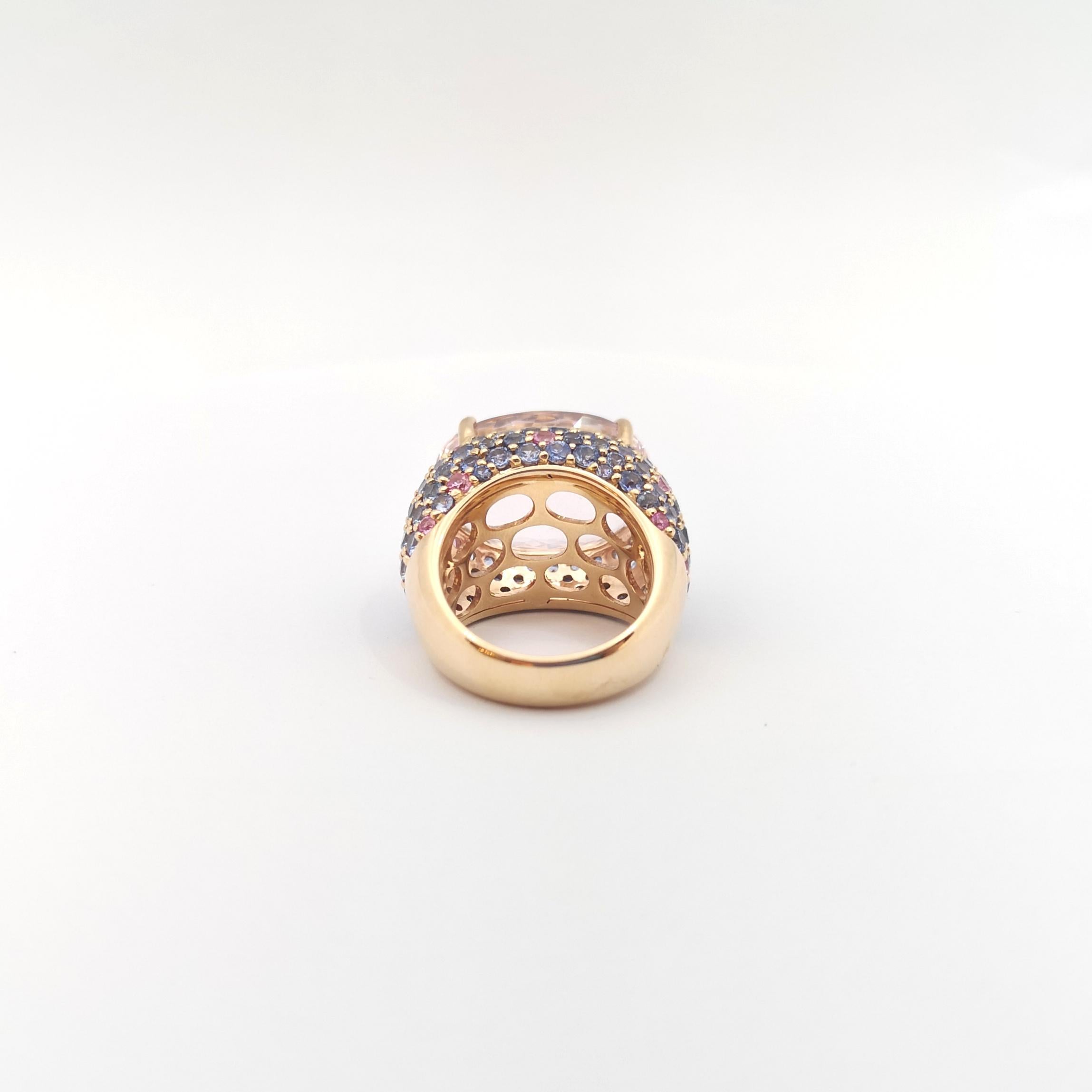 Morganite with Pink Sapphire and Blue Sapphire Ring set in 18K Rose Gold Setting For Sale 4