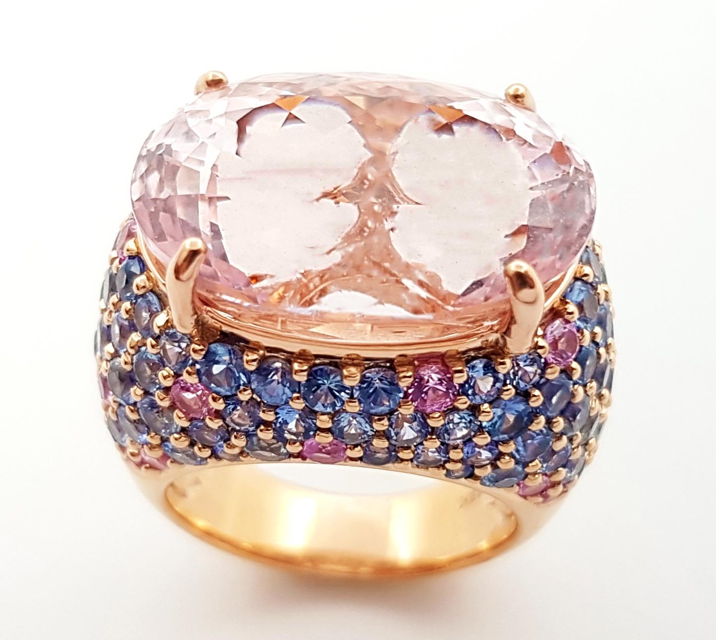 Morganite with Pink Sapphire and Blue Sapphire Ring set in 18K Rose Gold Setting For Sale 5