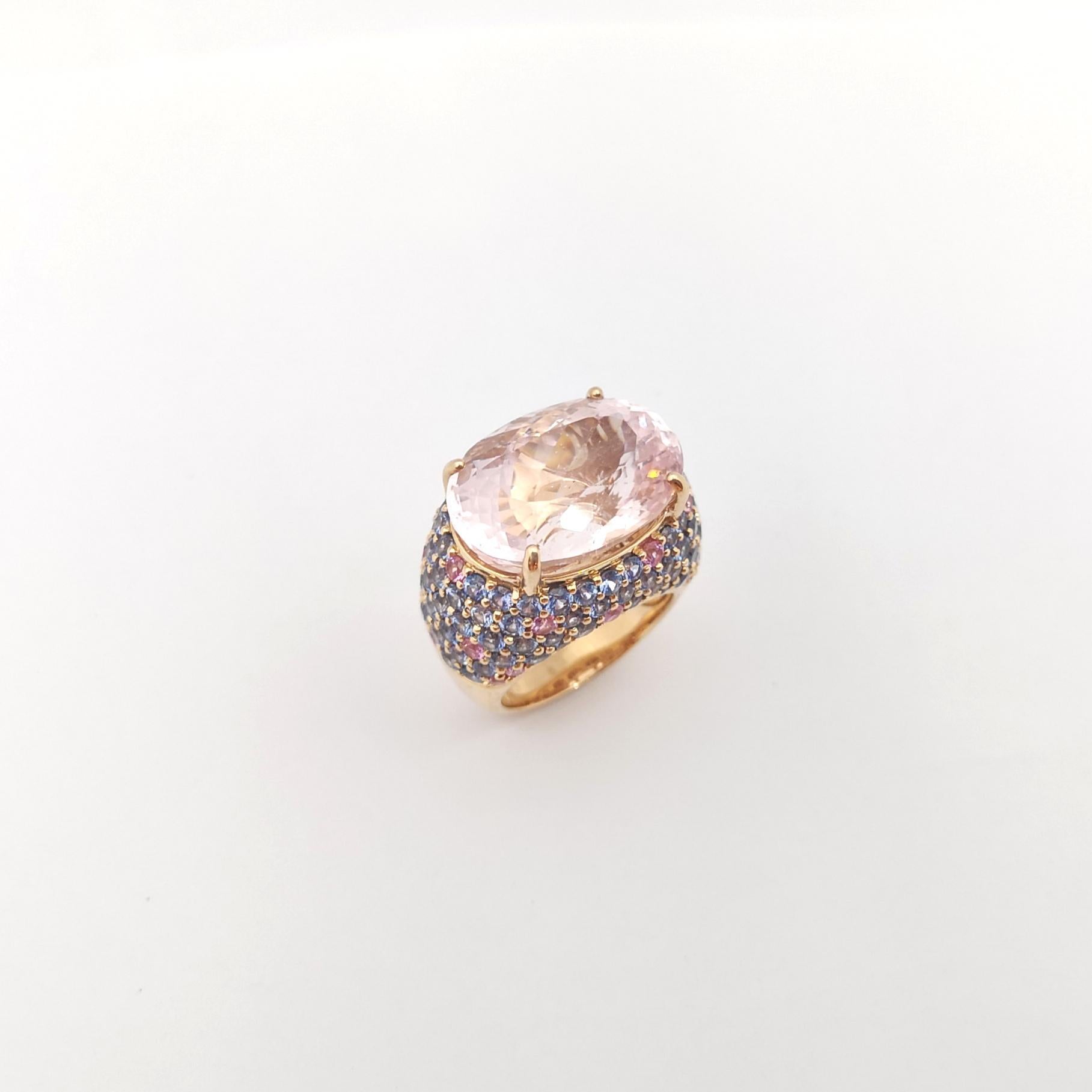 Morganite with Pink Sapphire and Blue Sapphire Ring set in 18K Rose Gold Setting For Sale 7