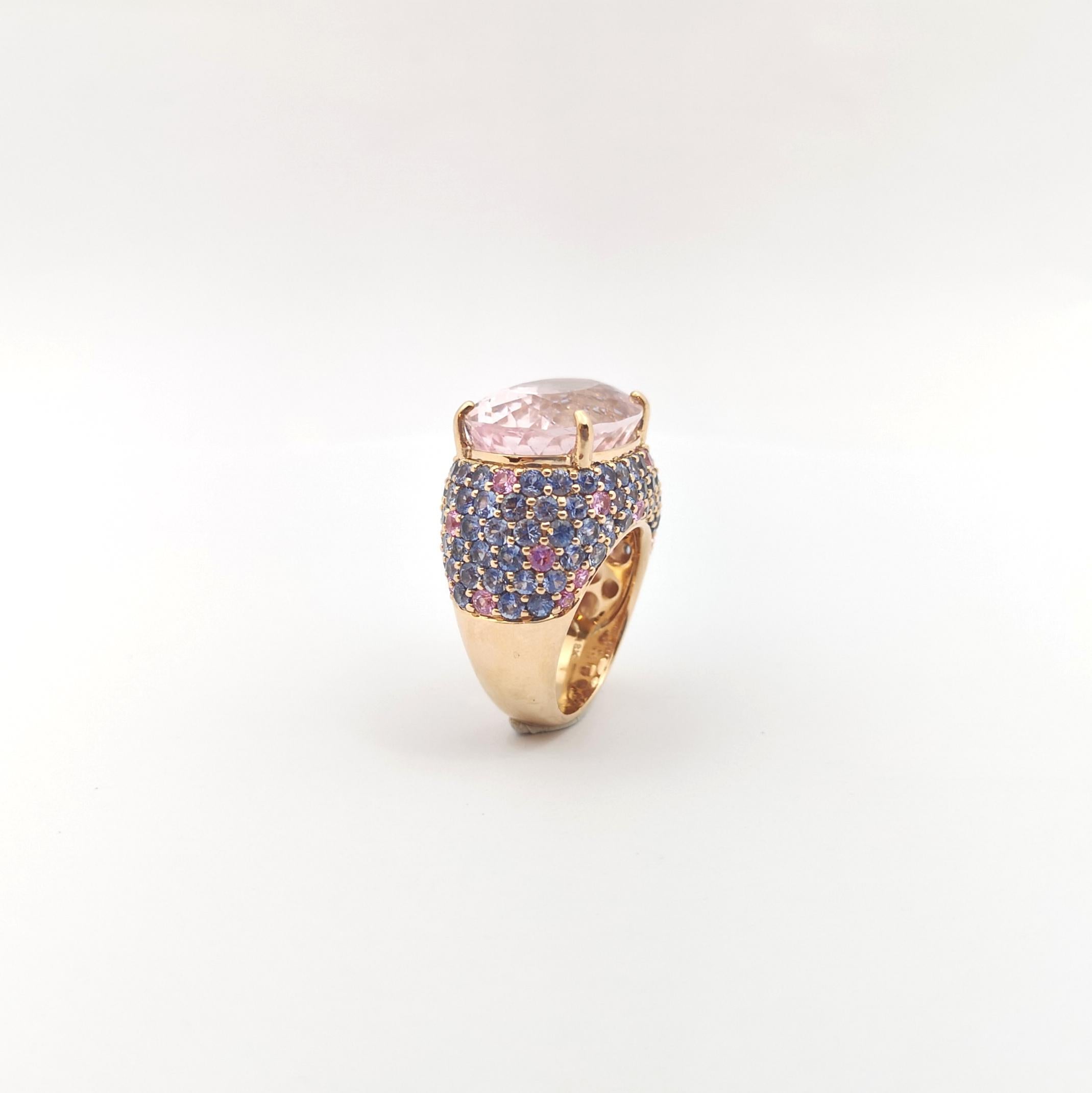 Morganite with Pink Sapphire and Blue Sapphire Ring set in 18K Rose Gold Setting For Sale 8