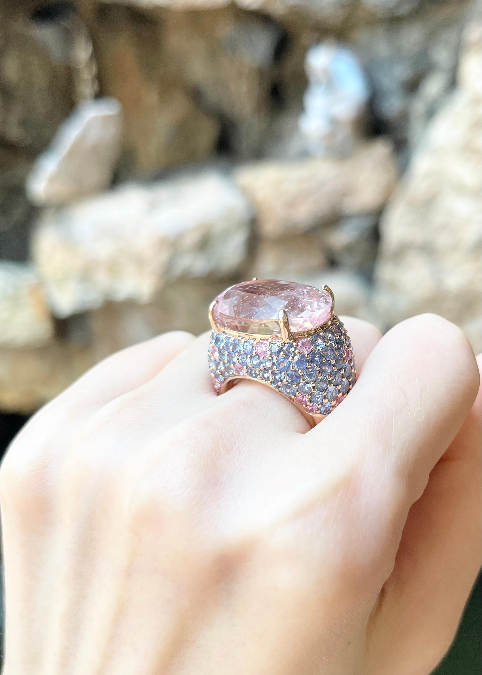 Oval Cut Morganite with Pink Sapphire and Blue Sapphire Ring set in 18K Rose Gold Setting For Sale