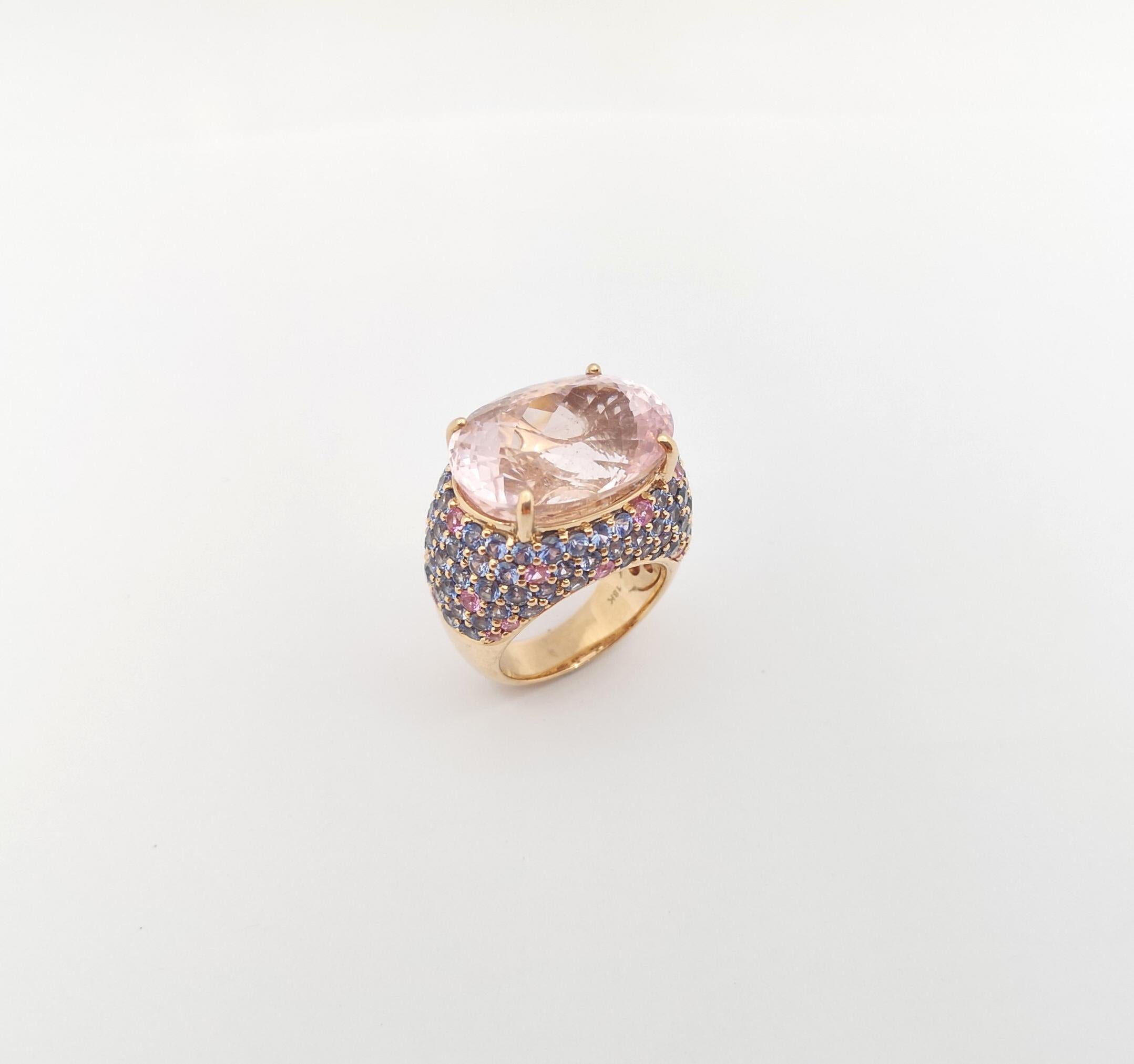 Morganite with Pink Sapphire and Blue Sapphire Ring set in 18K Rose Gold Setting For Sale 1
