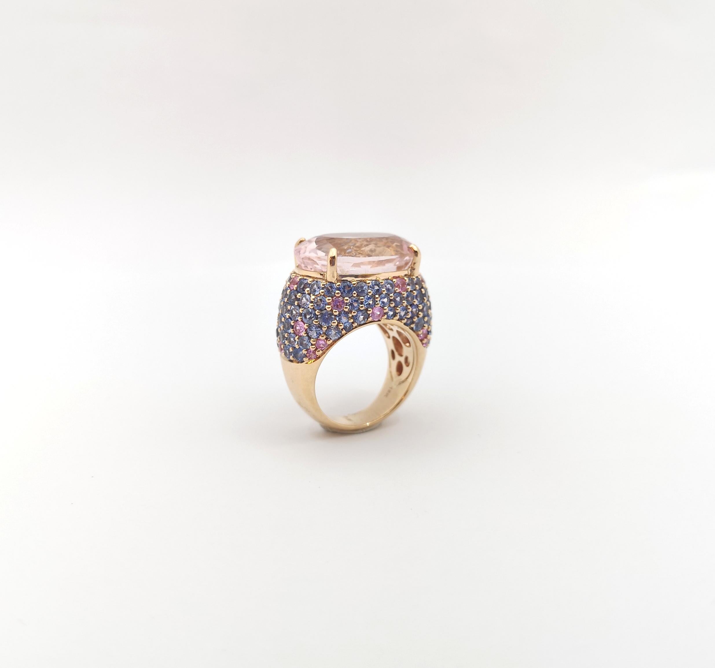 Morganite with Pink Sapphire and Blue Sapphire Ring set in 18K Rose Gold Setting For Sale 2