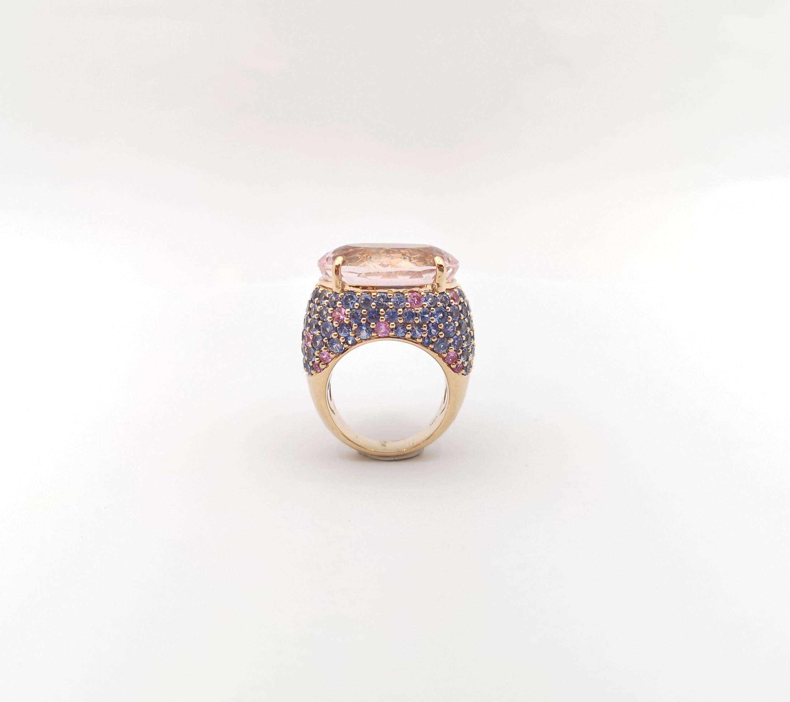 Morganite with Pink Sapphire and Blue Sapphire Ring set in 18K Rose Gold Setting For Sale 3