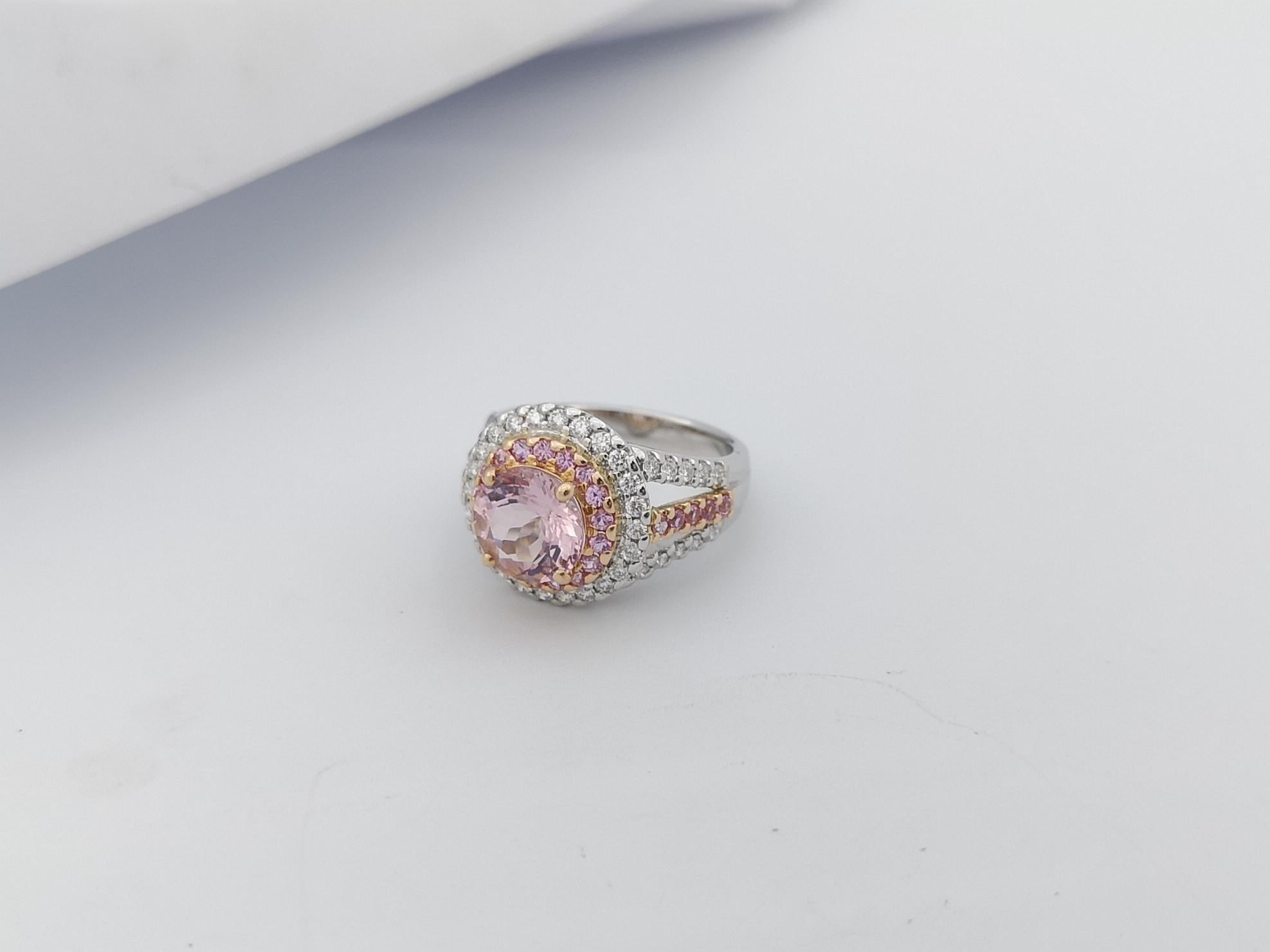 Morganite with Pink Sapphire and Diamond Ring in 18 Karat White Gold Settings For Sale 3