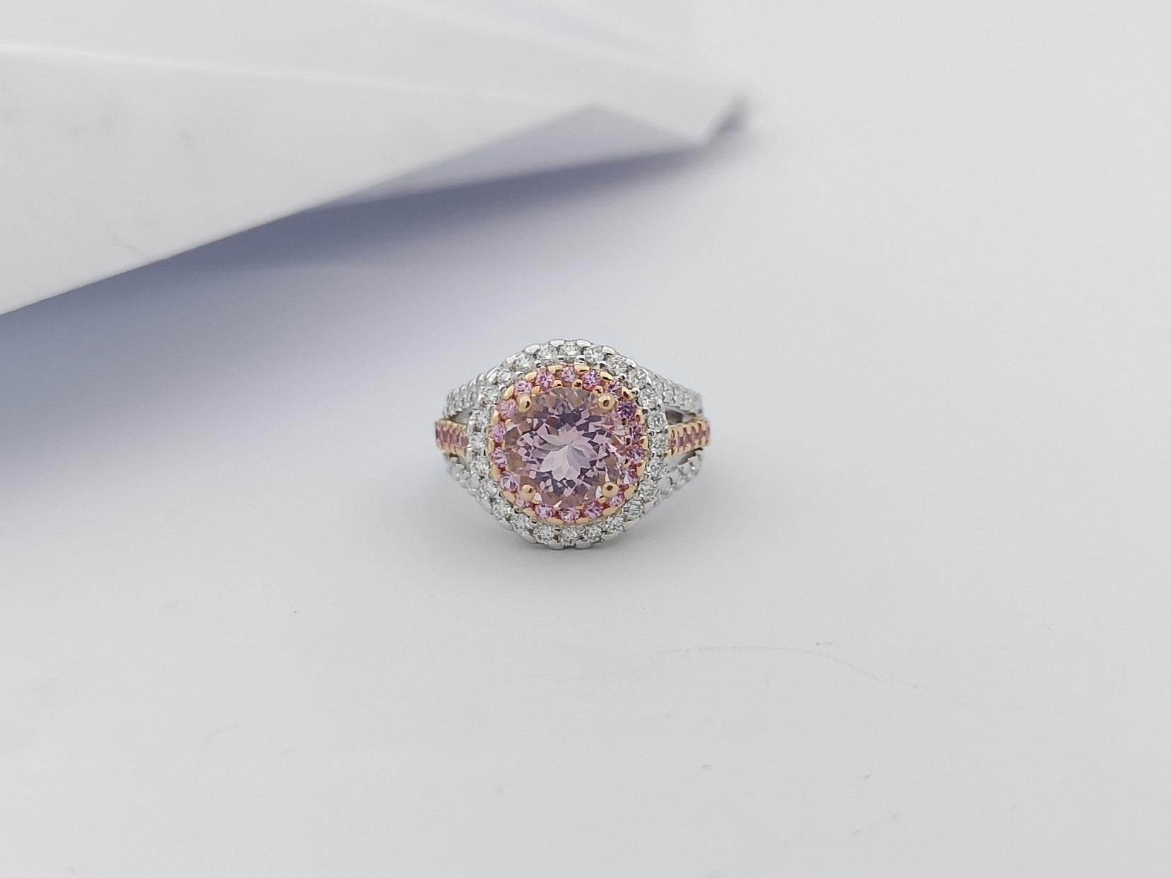 Morganite with Pink Sapphire and Diamond Ring in 18 Karat White Gold Settings For Sale 6