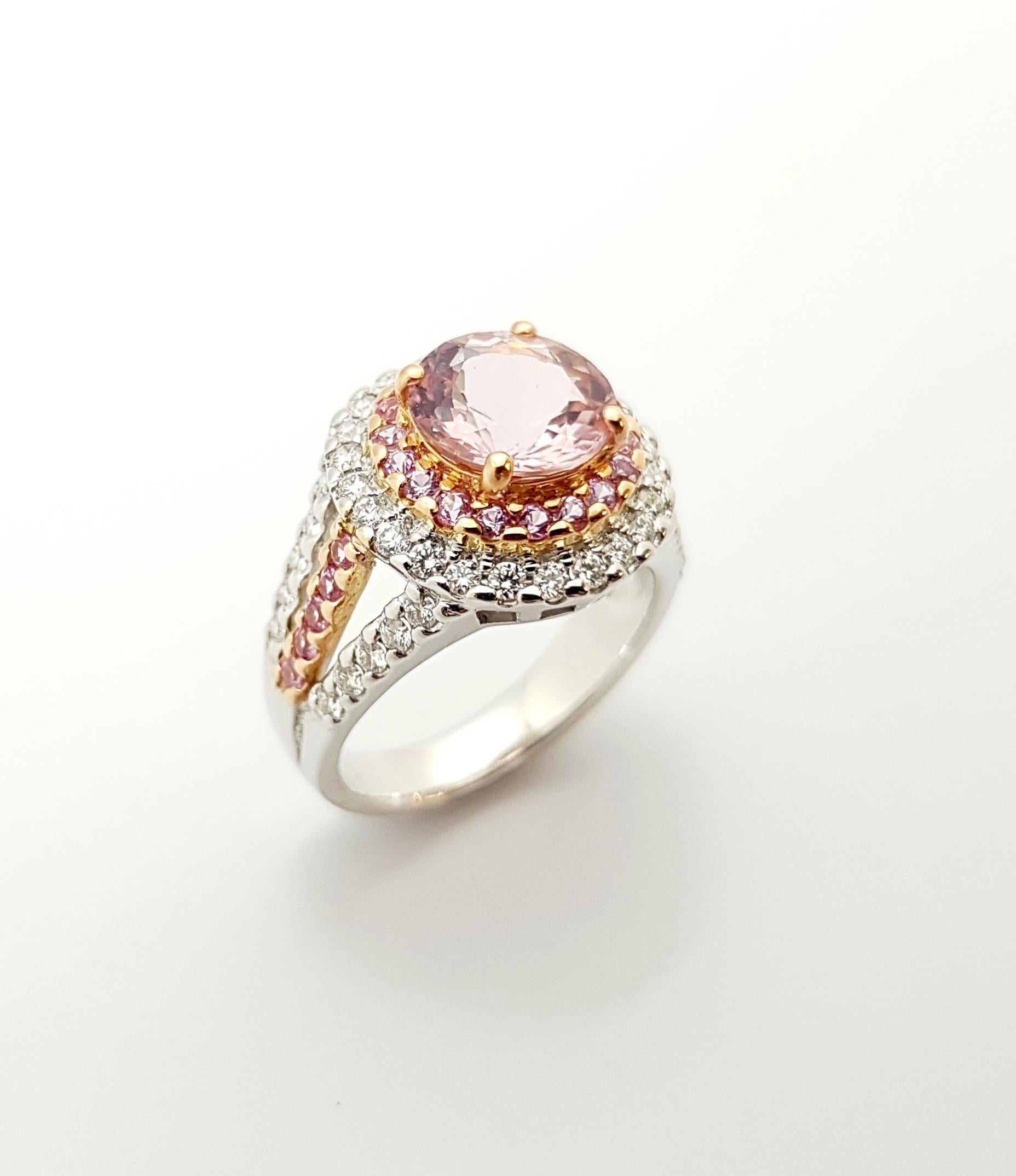 Morganite with Pink Sapphire and Diamond Ring in 18 Karat White Gold Settings In New Condition For Sale In Bangkok, TH