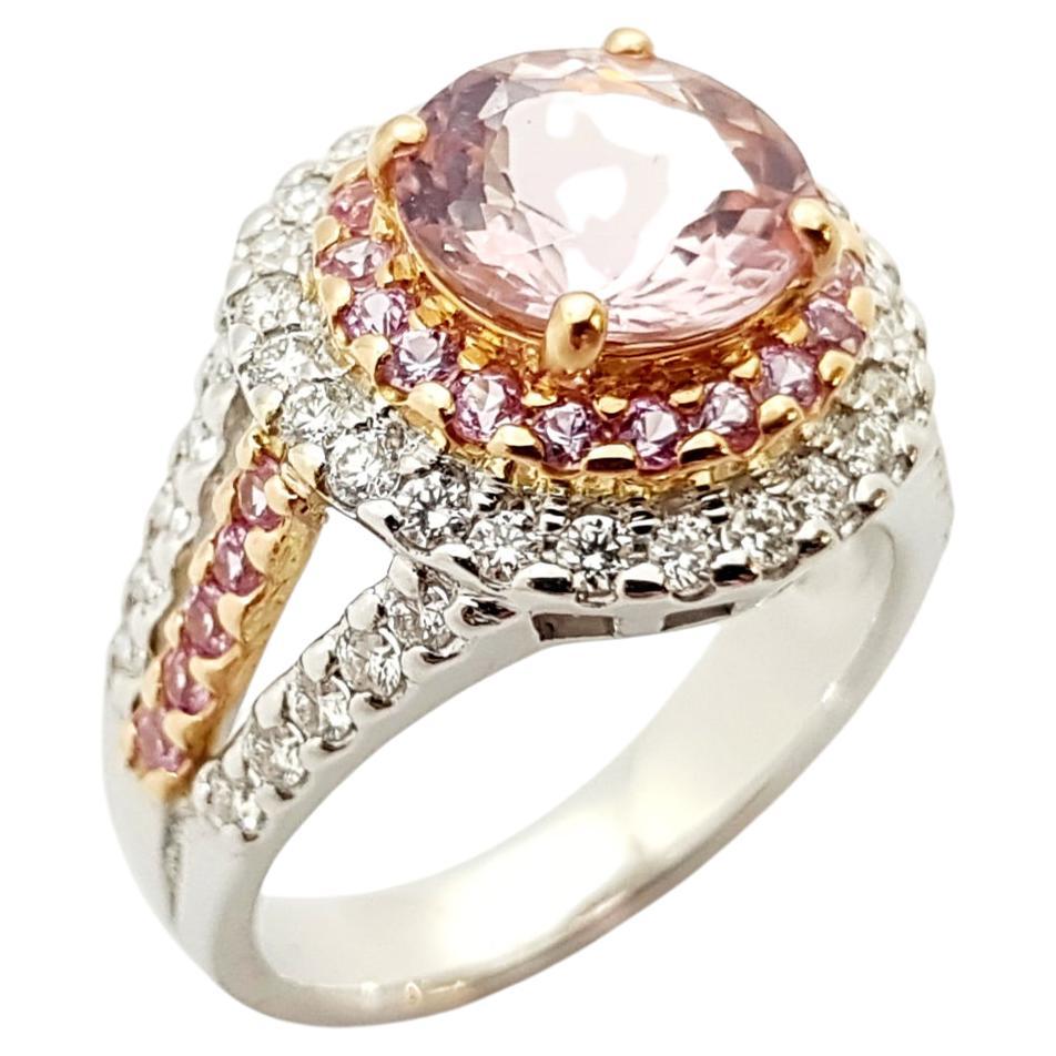 Morganite with Pink Sapphire and Diamond Ring in 18 Karat White Gold Settings For Sale
