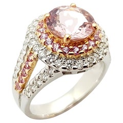 Anillo de Morganita con Zafiro Rosa y Diamante en Engaste de Oro Blanco de 18 Kilates