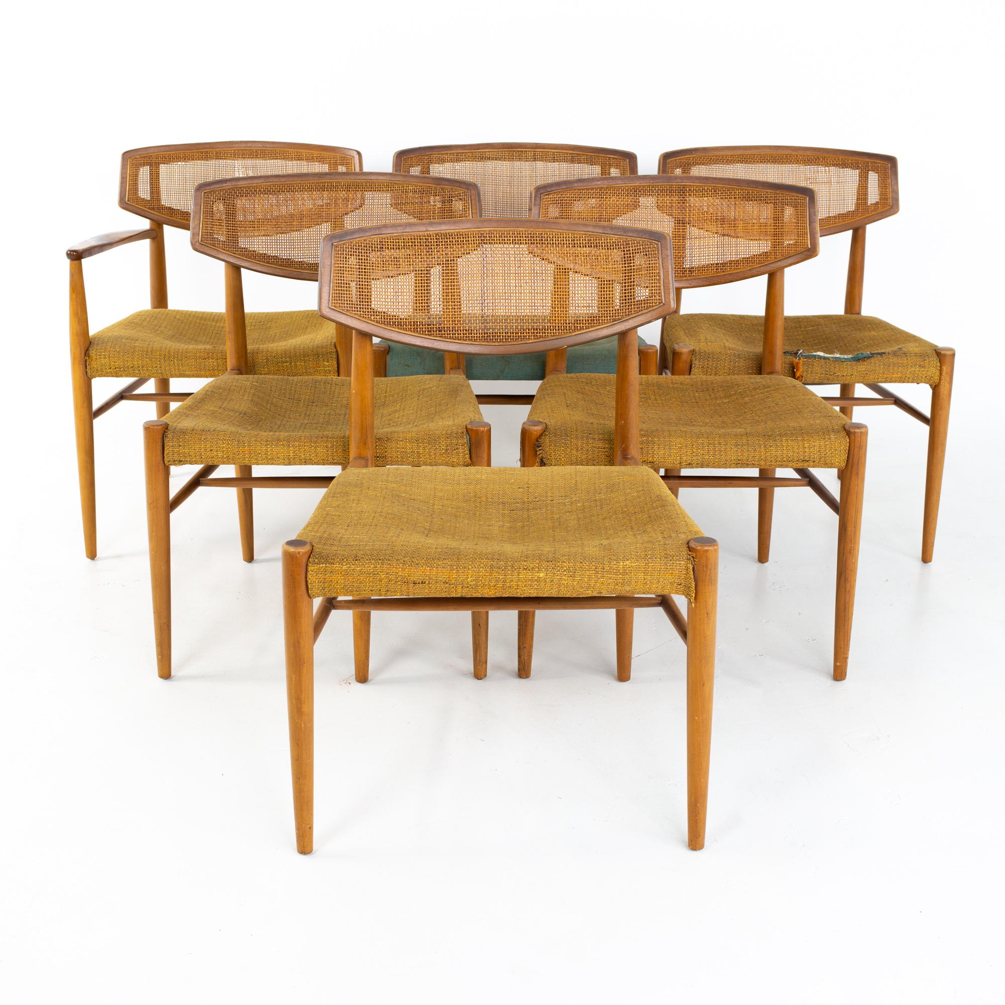 Mid-Century Modern Morganton Mid Century Walnut Cane Back Cats Eye Dining Chairs, Set of 6