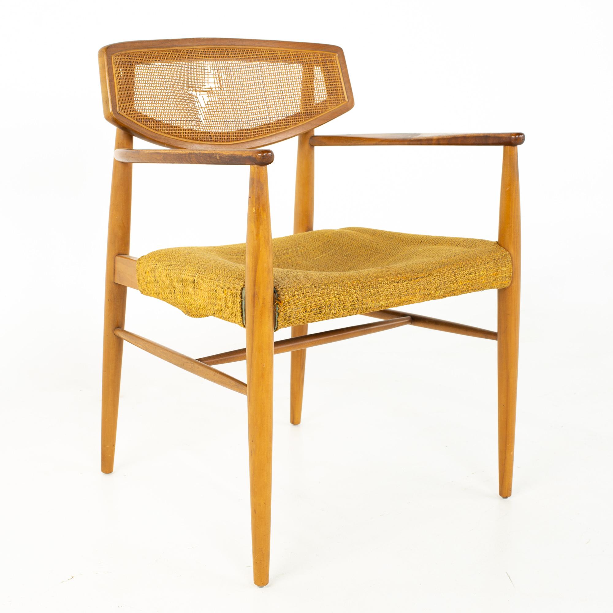 American Morganton Mid Century Walnut Cane Back Cats Eye Dining Chairs, Set of 6