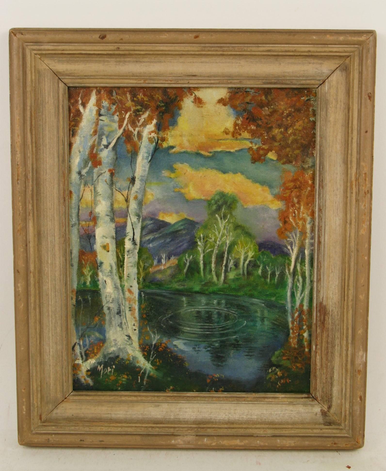 Paysage impressionniste américain ancien encadré de bouleau, 1940 - Painting de Mori