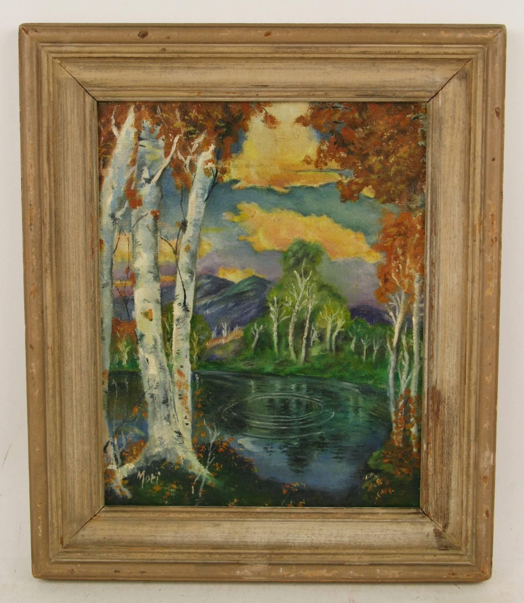#5-2899 Antique  birch trees landscape,acrylic on artist board displayed in a wood frame.Signed lower left by Mori.Image size 9.5 H x 7.5 W
