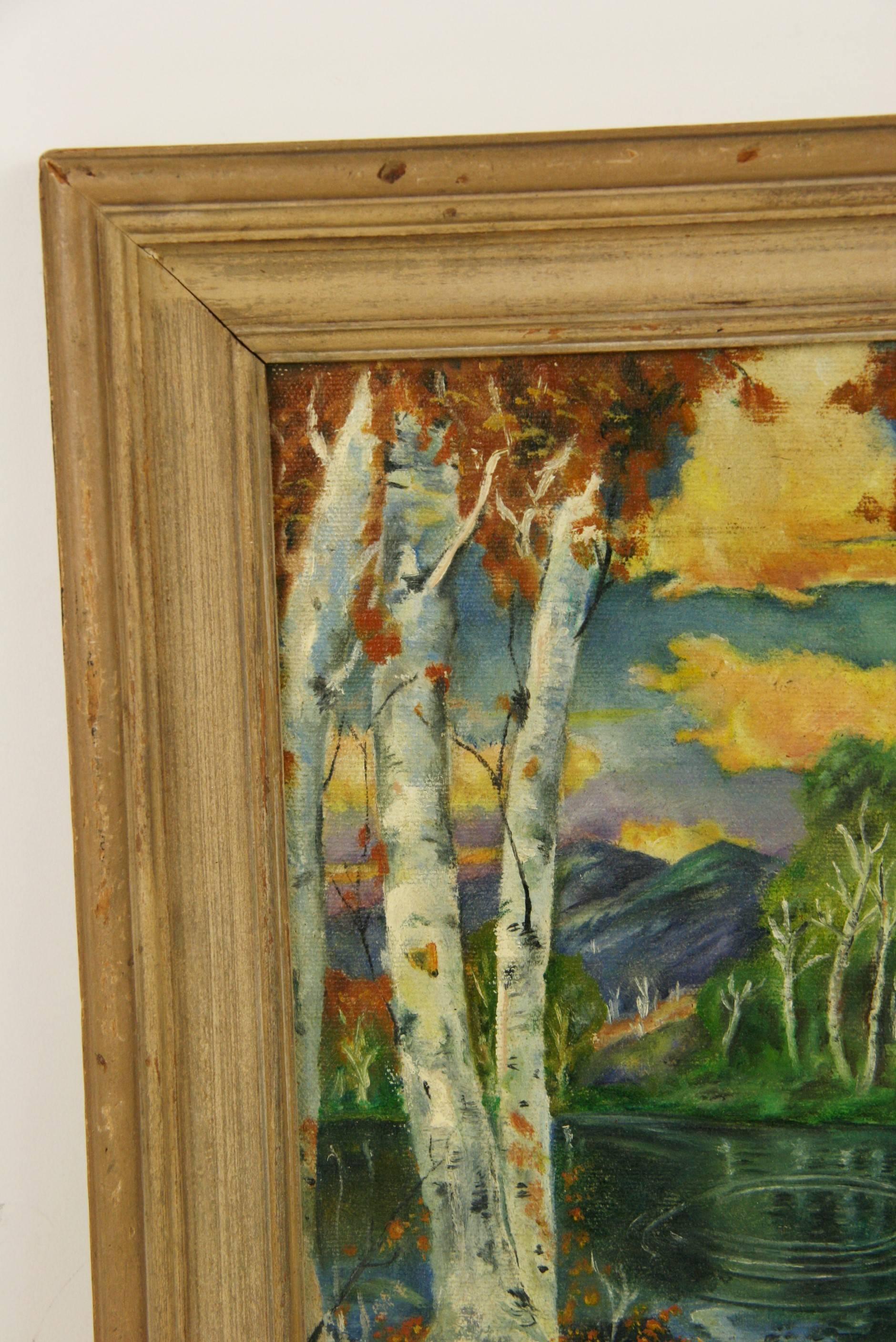 Paysage impressionniste américain ancien encadré de bouleau, 1940 en vente 2