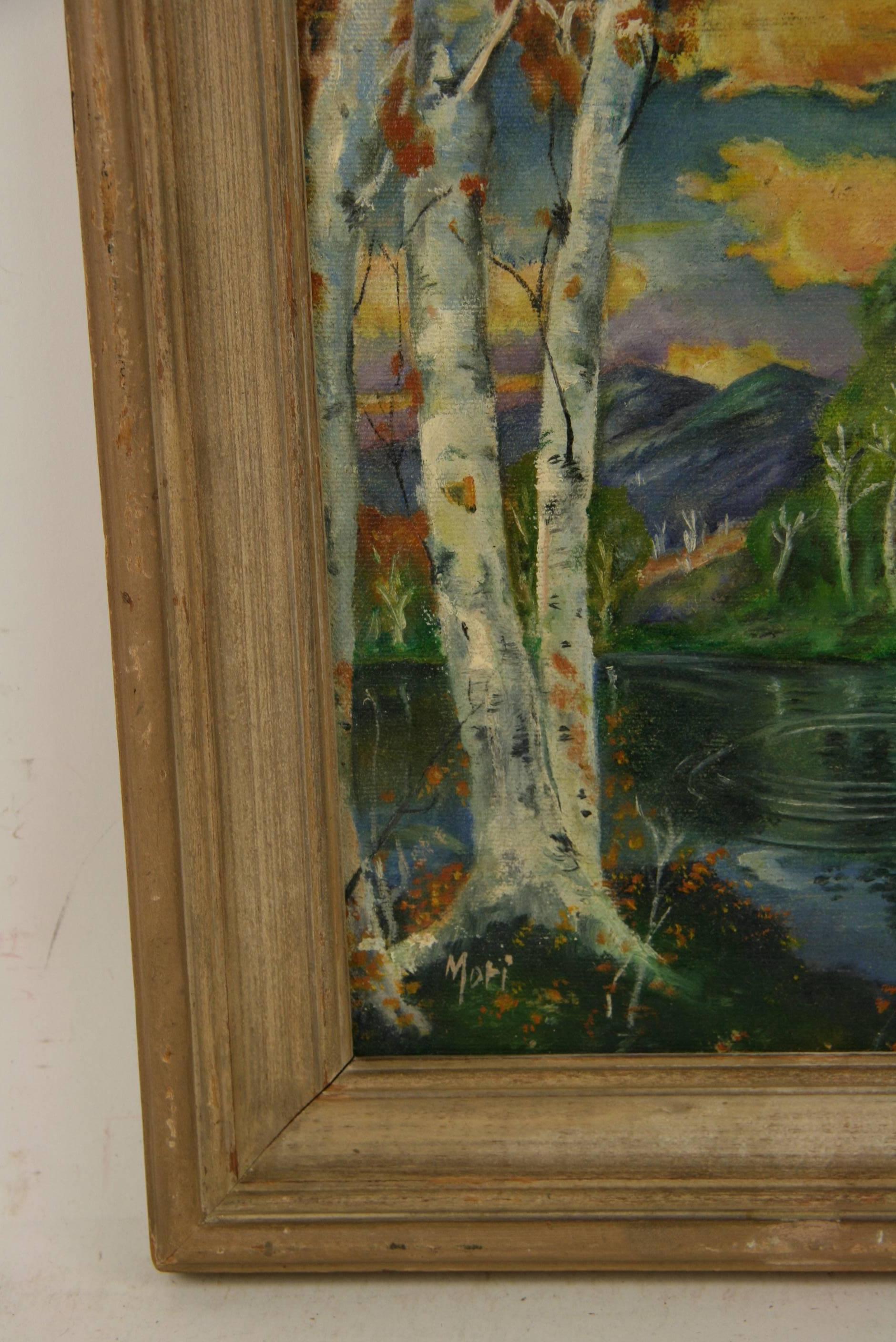 Paysage impressionniste américain ancien encadré de bouleau, 1940 en vente 3