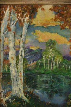 Paysage impressionniste américain ancien encadré de bouleau, 1940