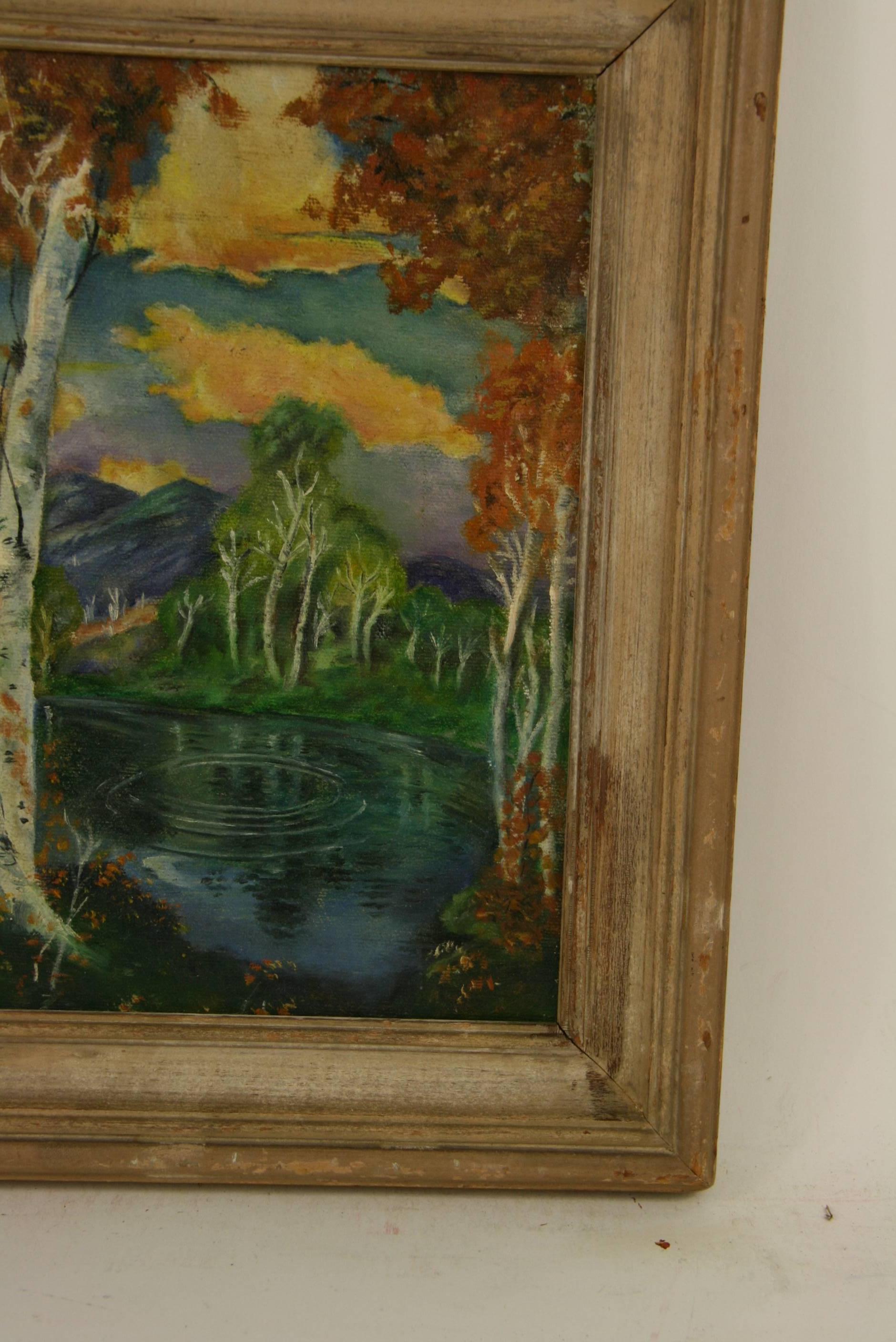 6000  Antico  paesaggio di betulle, olio  su tavola d'artista esposta in una cornice di legno.Firmata in basso a sinistra da Mori.Dimensioni dell'immagine 9,5 H. x 7,5 L.

