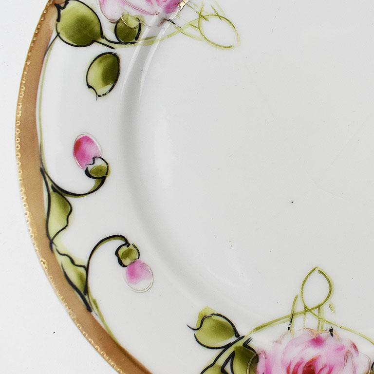 Chinoiserie Moriage Chintz Round Pink and Green Floral Nippon Catchall Dish with Gold Rim For Sale