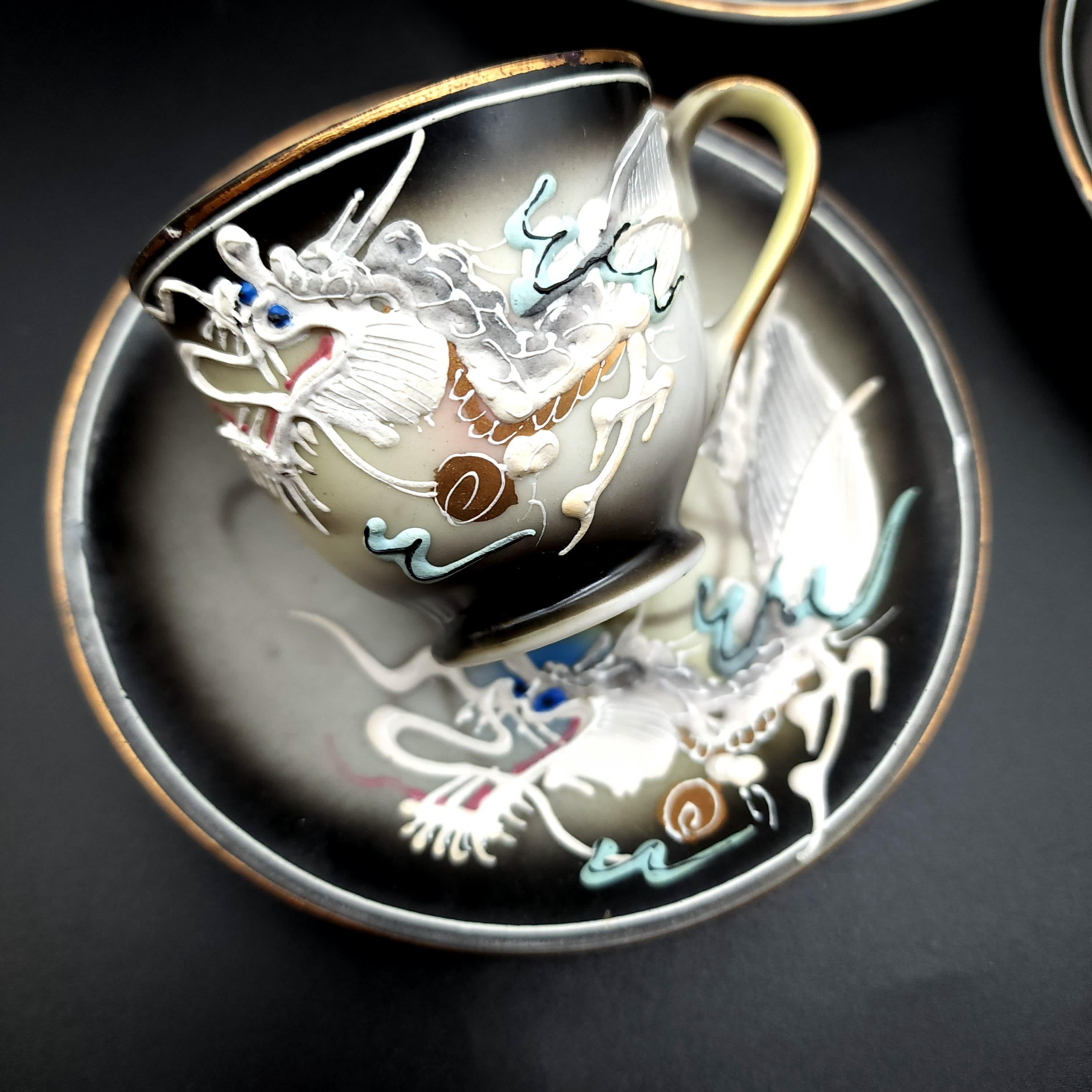 Moriage Dragonware Raised Dragon Demitasse Cup and Saucer Set of 6