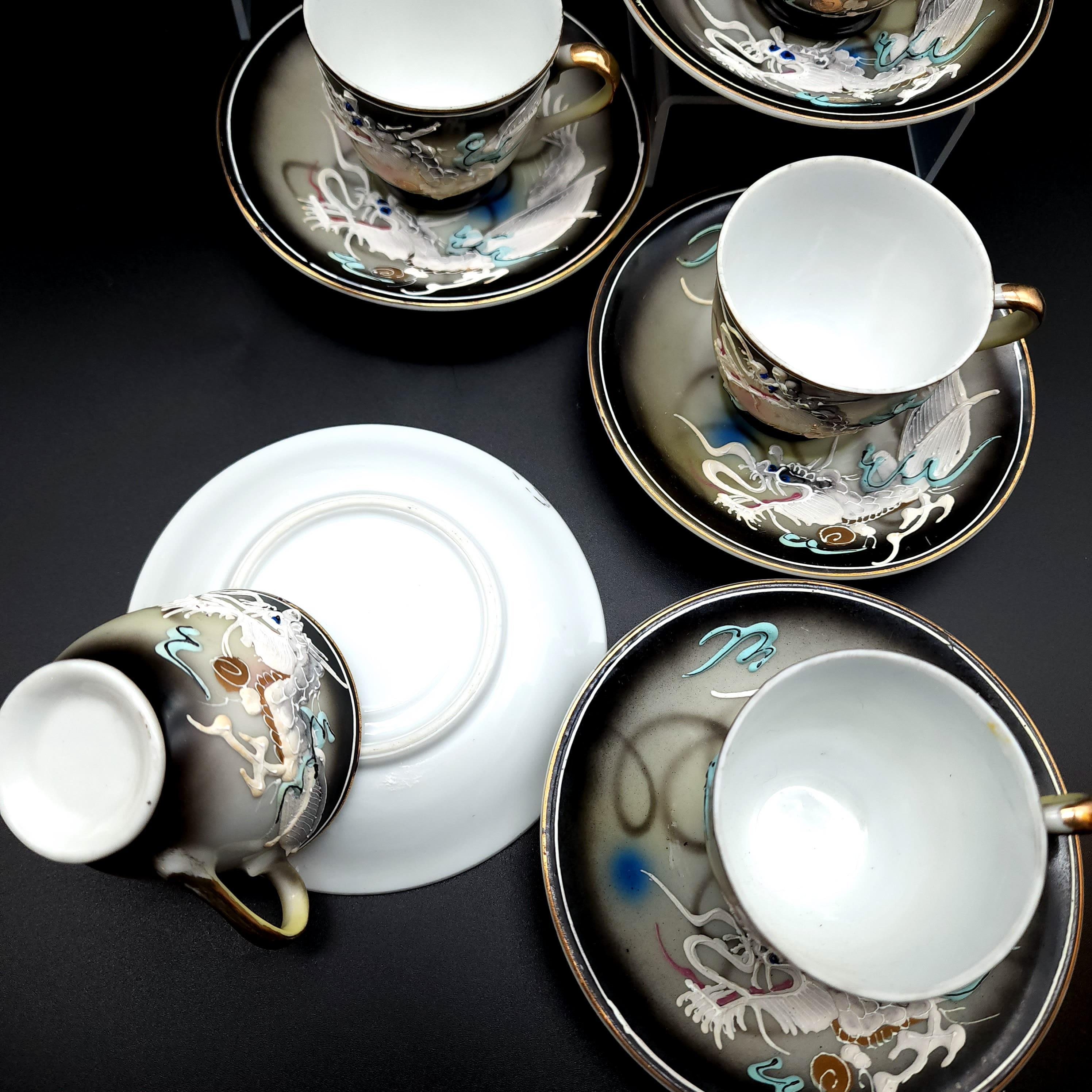 Moriage Dragonware Raised Dragon Demitasse Cup and Saucer Set of 6