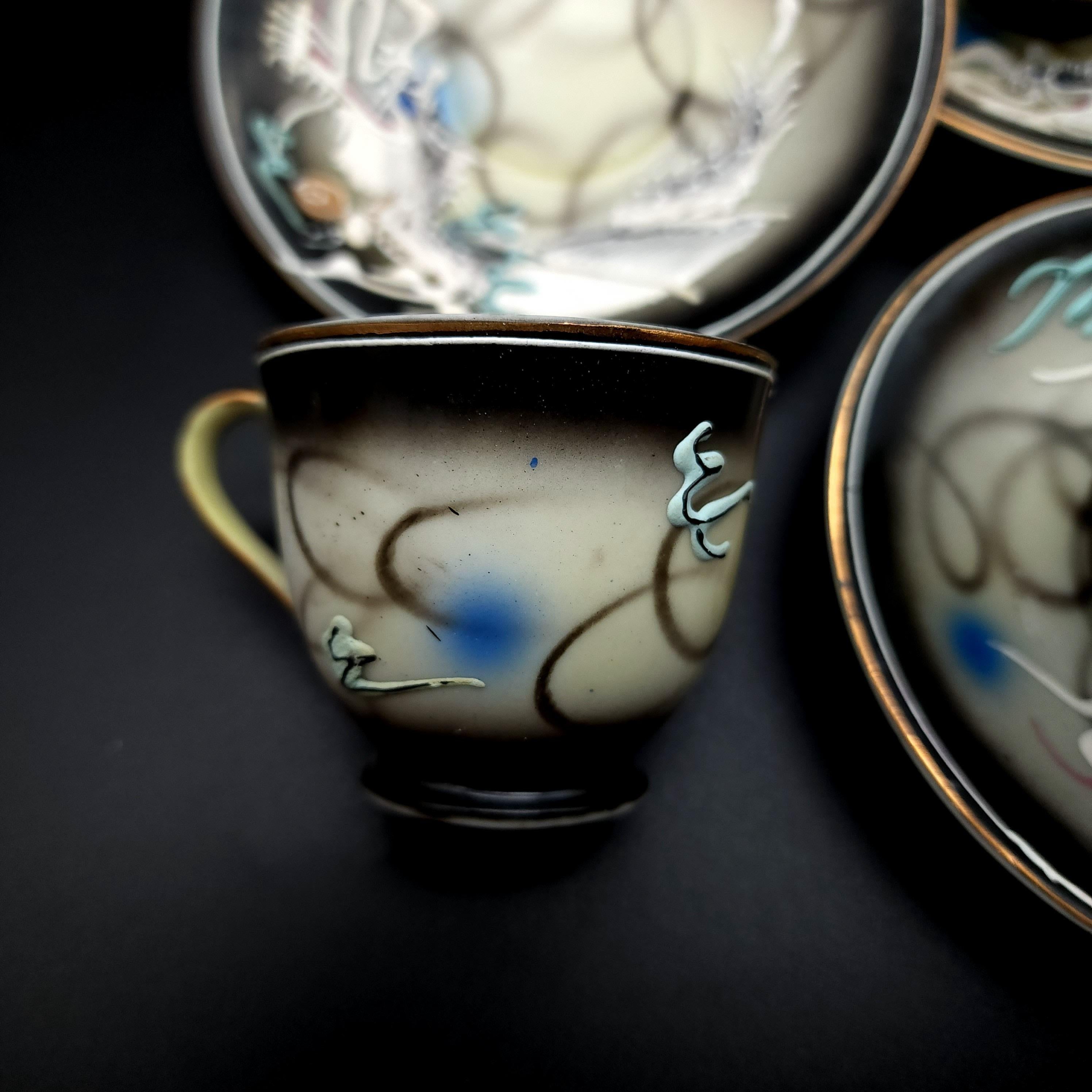 Moriage Dragonware Raised Dragon Demitasse Cup and Saucer Set of 6