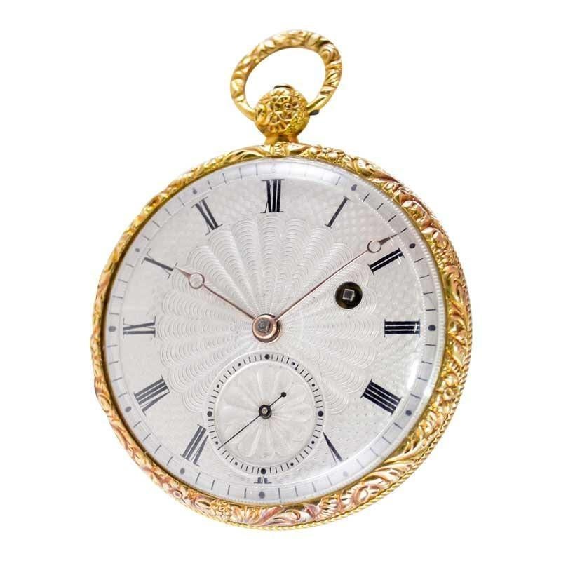 Women's or Men's Moricand & Degrange 18Kt. Yellow Gold and Enamel Open Faced Pocket Watch 1840's For Sale