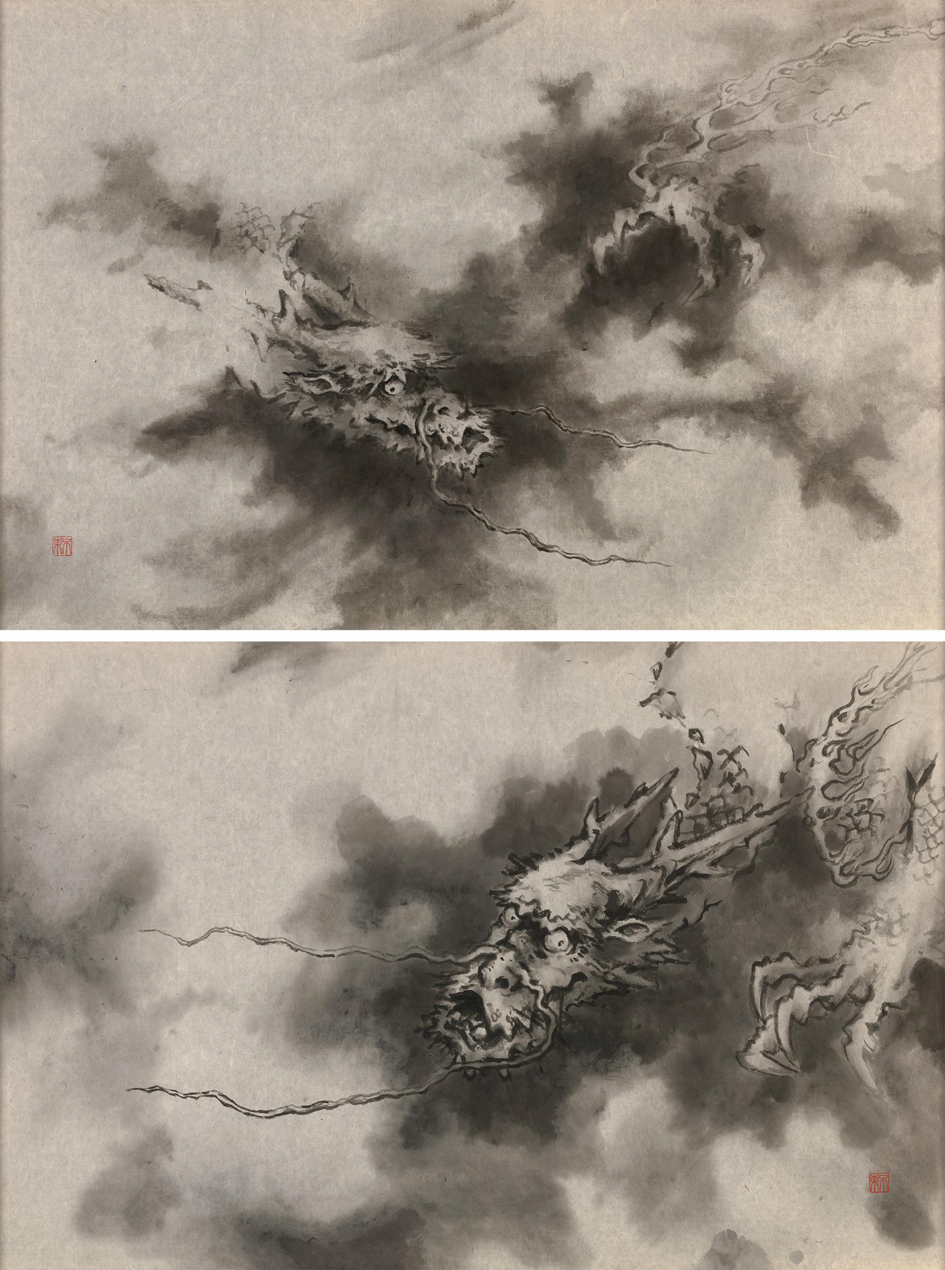 Il primo ministro Morihiro Hosokawa
b. 1938  Giapponese

Coppia di draghi tra le nuvole

Firmato, in basso a sinistra e a destra
Inchiostro su carta, incorniciato in cedro di Jindai

Realizzata dallo stimato Morihiro Hosokawa, 79° Primo Ministro del
