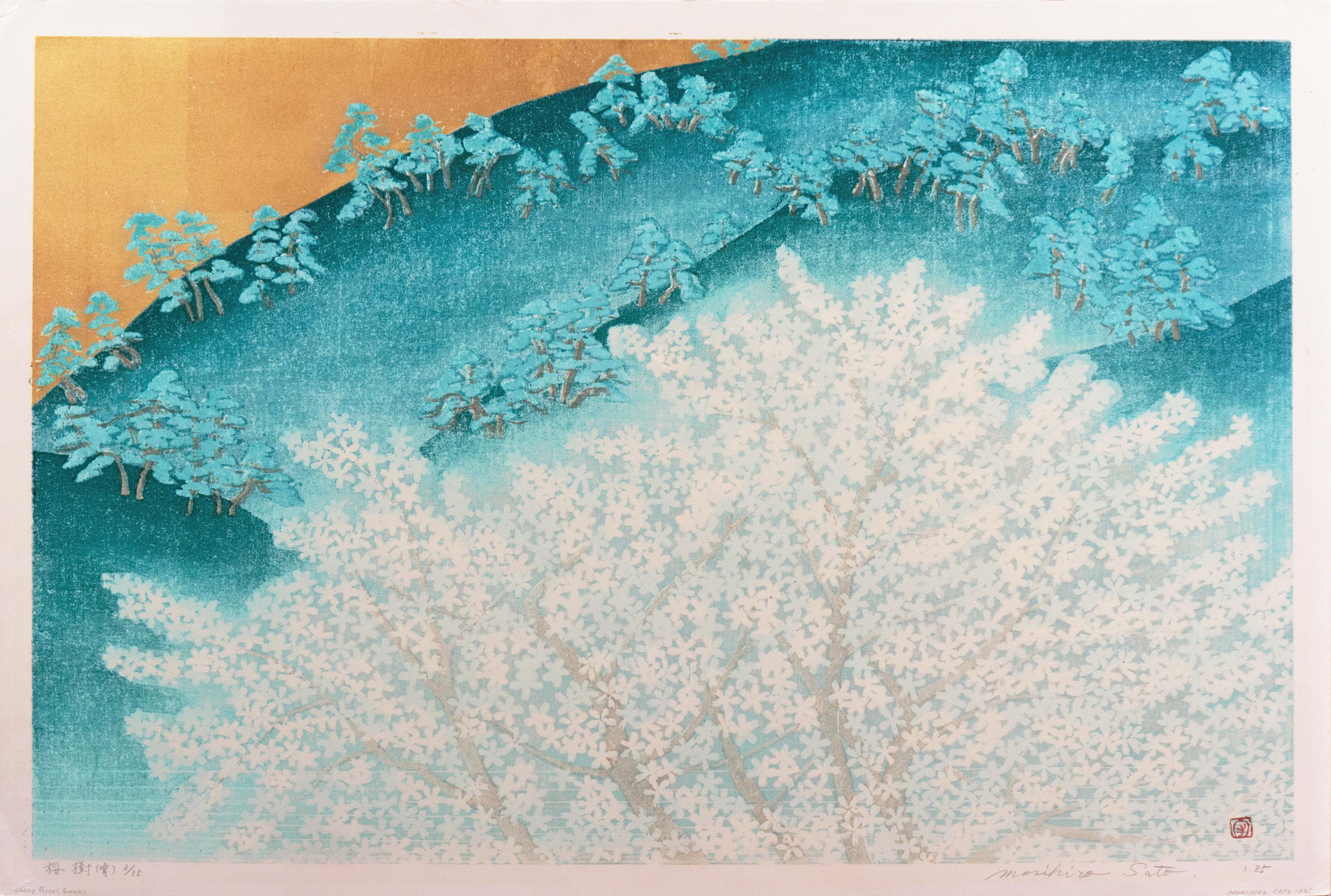 Morihiro Sato Landscape Print - 'Cherry Blossoms at Dusk', Japanese color woodblock, Musashino College  of Art