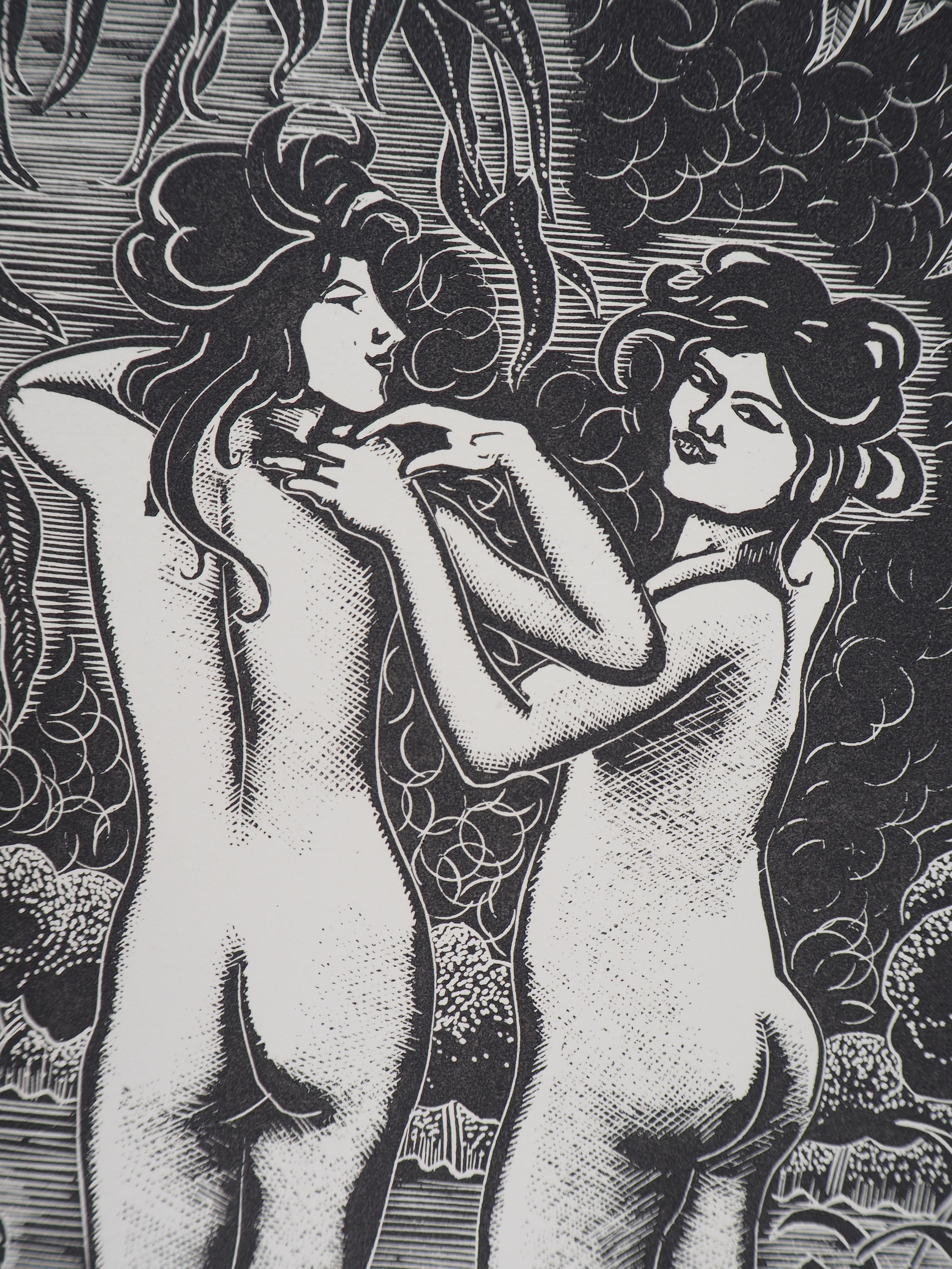 Allegorie des Frühlings - Original-Holzschnitt, handsigniert und nummeriert (Grau), Figurative Print, von MORIN-JEAN