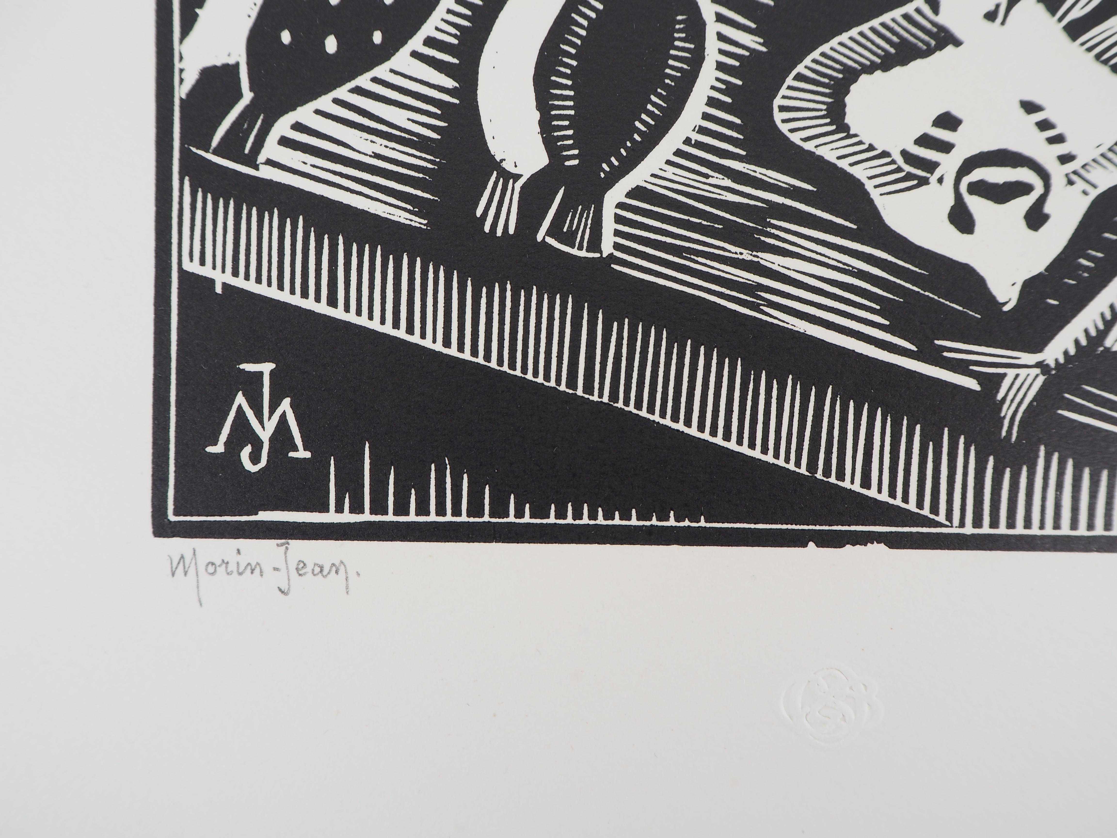 Mercado de pescado en Brittain - Wooodcut original, firmado a mano y numerado - Print de MORIN-JEAN