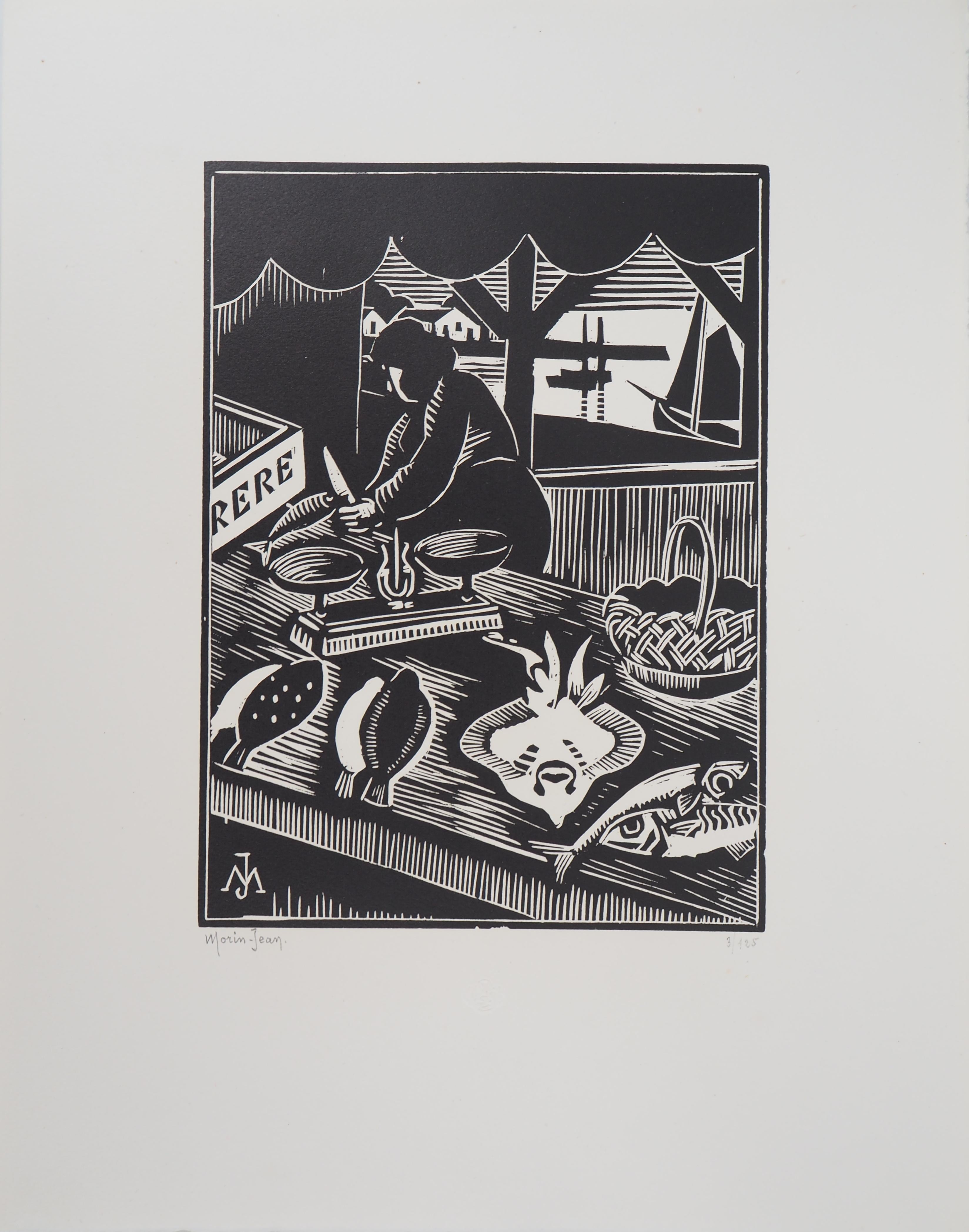 Mercado de pescado en Brittain - Wooodcut original, firmado a mano y numerado - Print Moderno de MORIN-JEAN