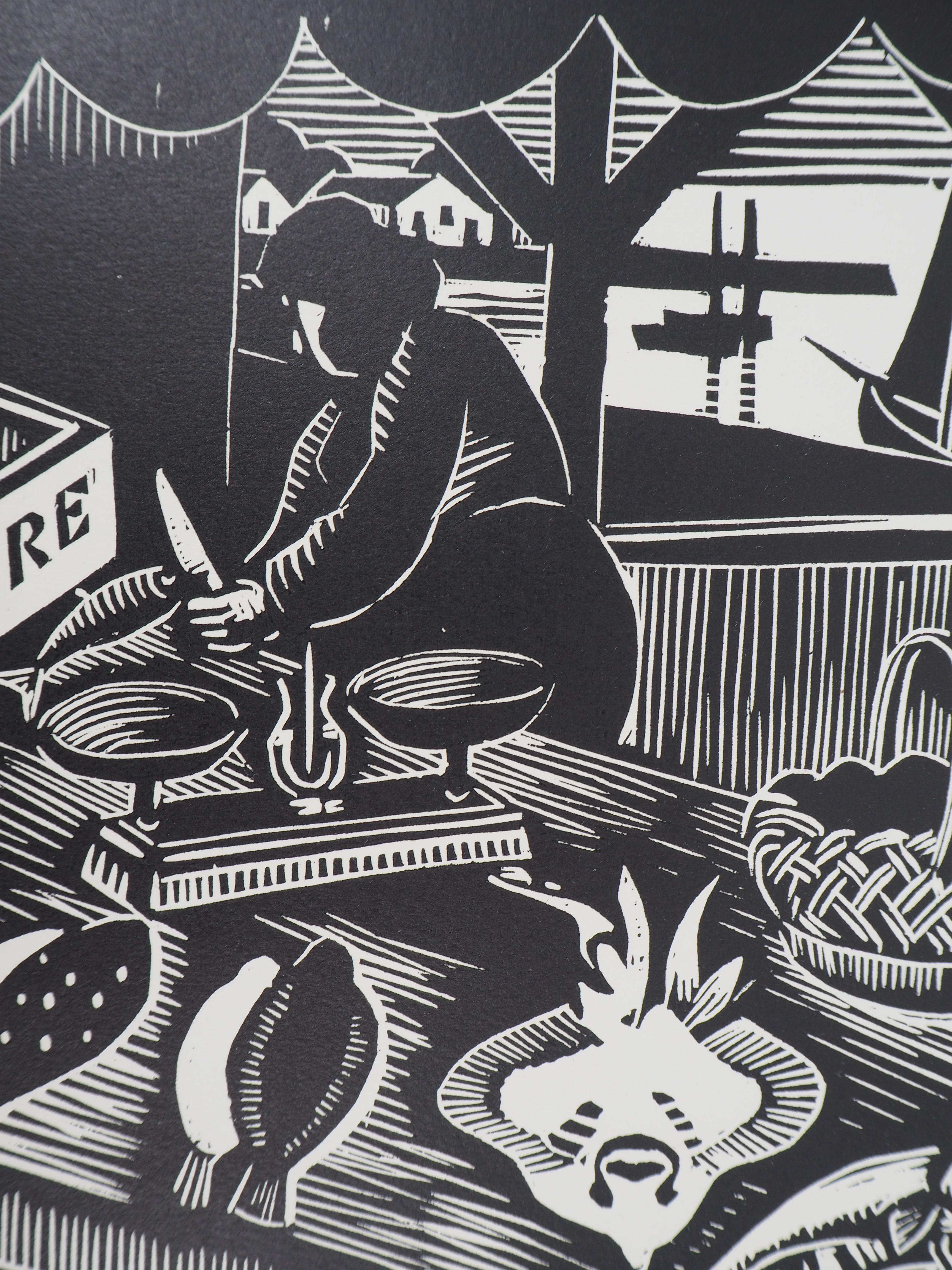 Mercado de pescado en Brittain - Wooodcut original, firmado a mano y numerado - Figurative Print Negro de MORIN-JEAN