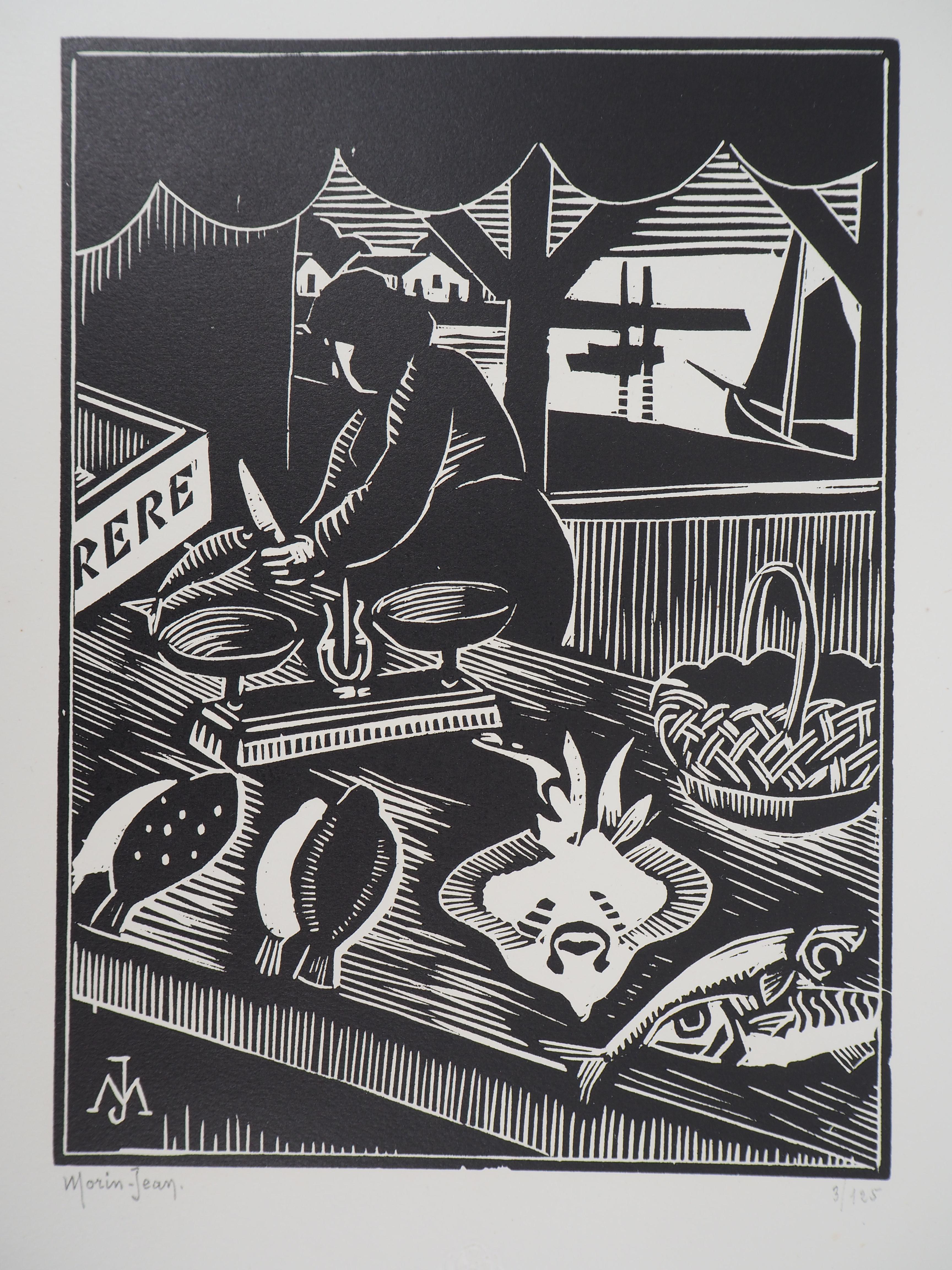 Figurative Print de MORIN-JEAN - Mercado de pescado en Brittain - Wooodcut original, firmado a mano y numerado