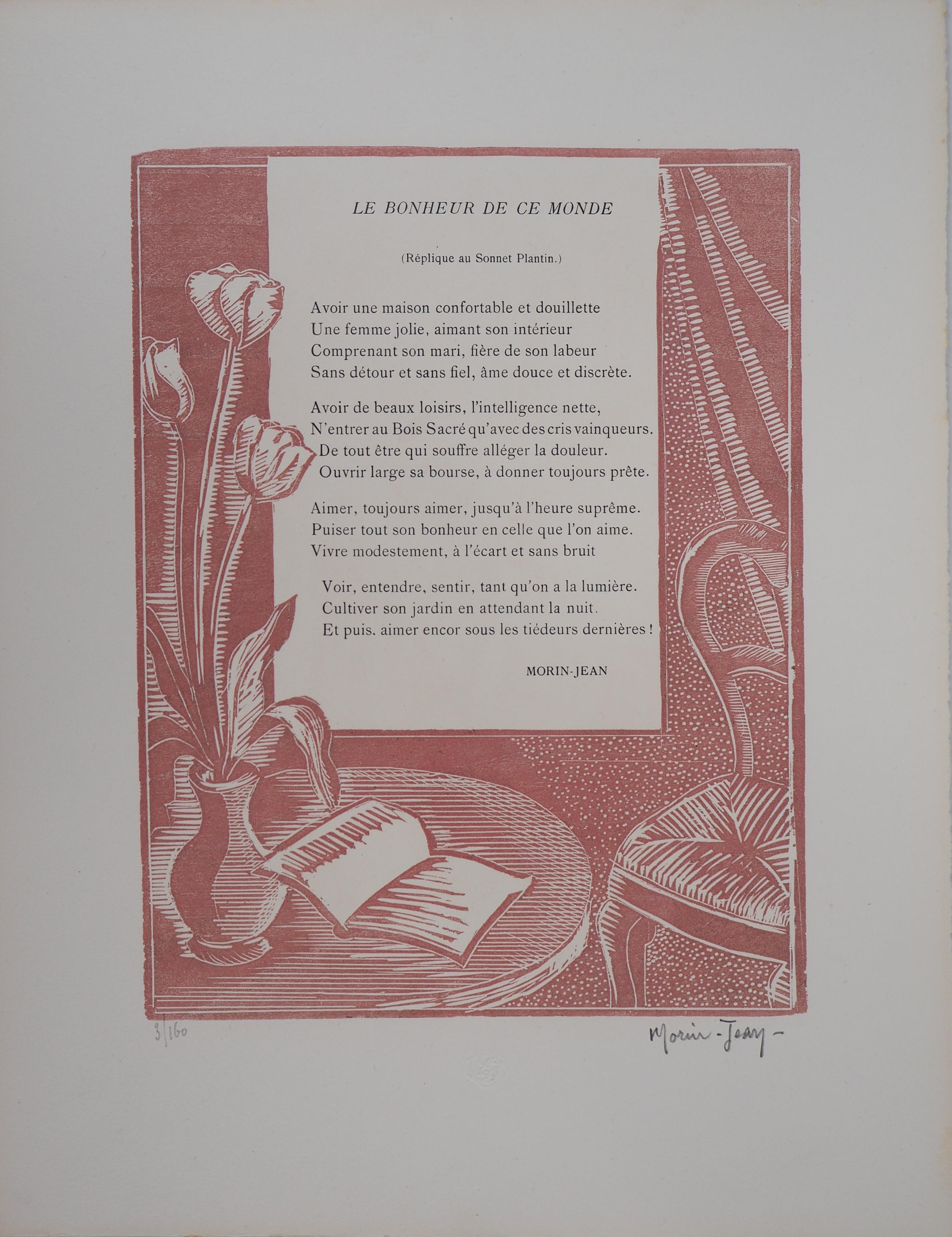 Poem : The Happiness of this World - Original wooodcut, Handsigned & Numbered - Print by MORIN-JEAN