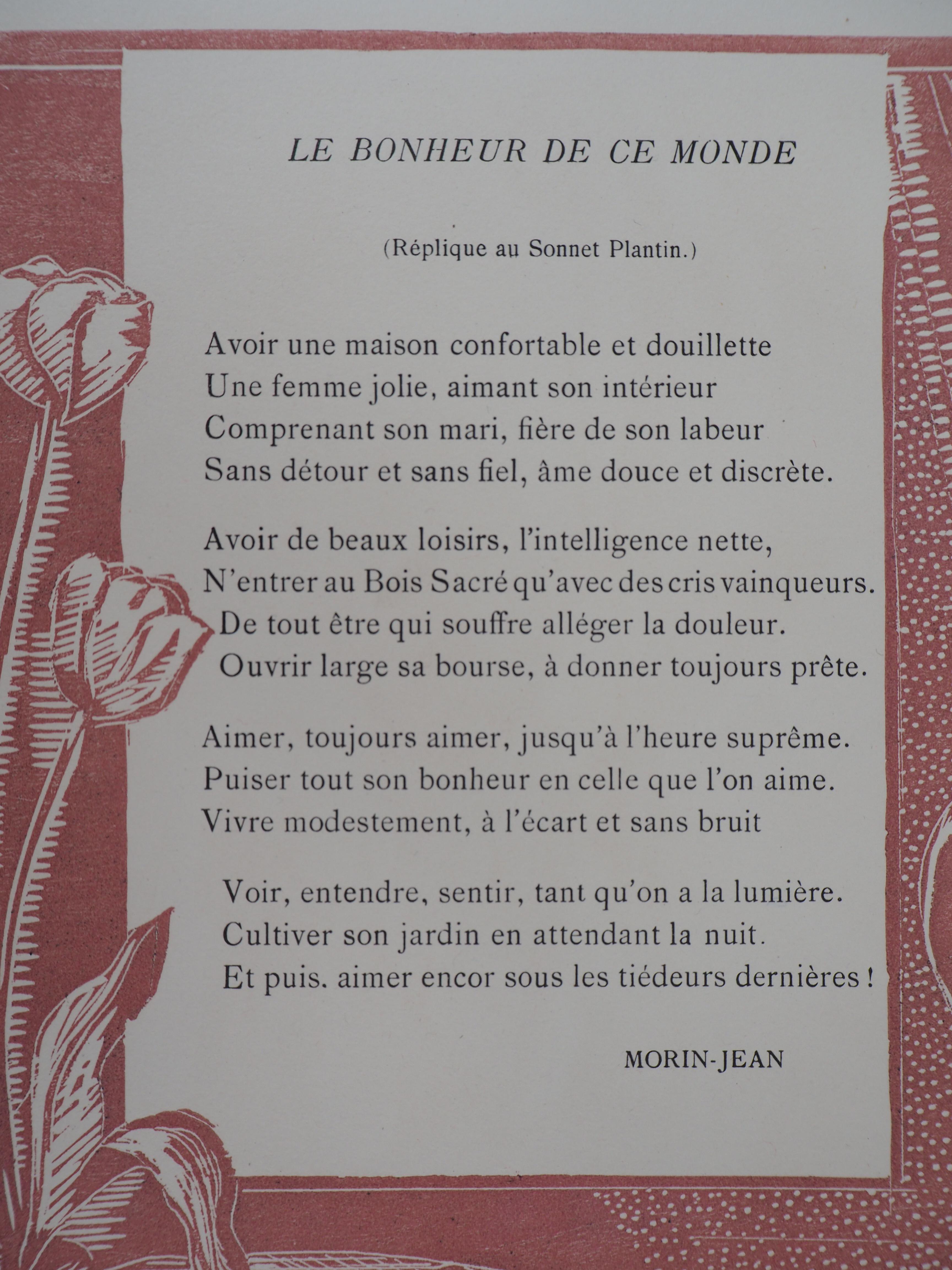 Poem : The Happiness of this World - Original wooodcut, Handsigned & Numbered - Modern Print by MORIN-JEAN