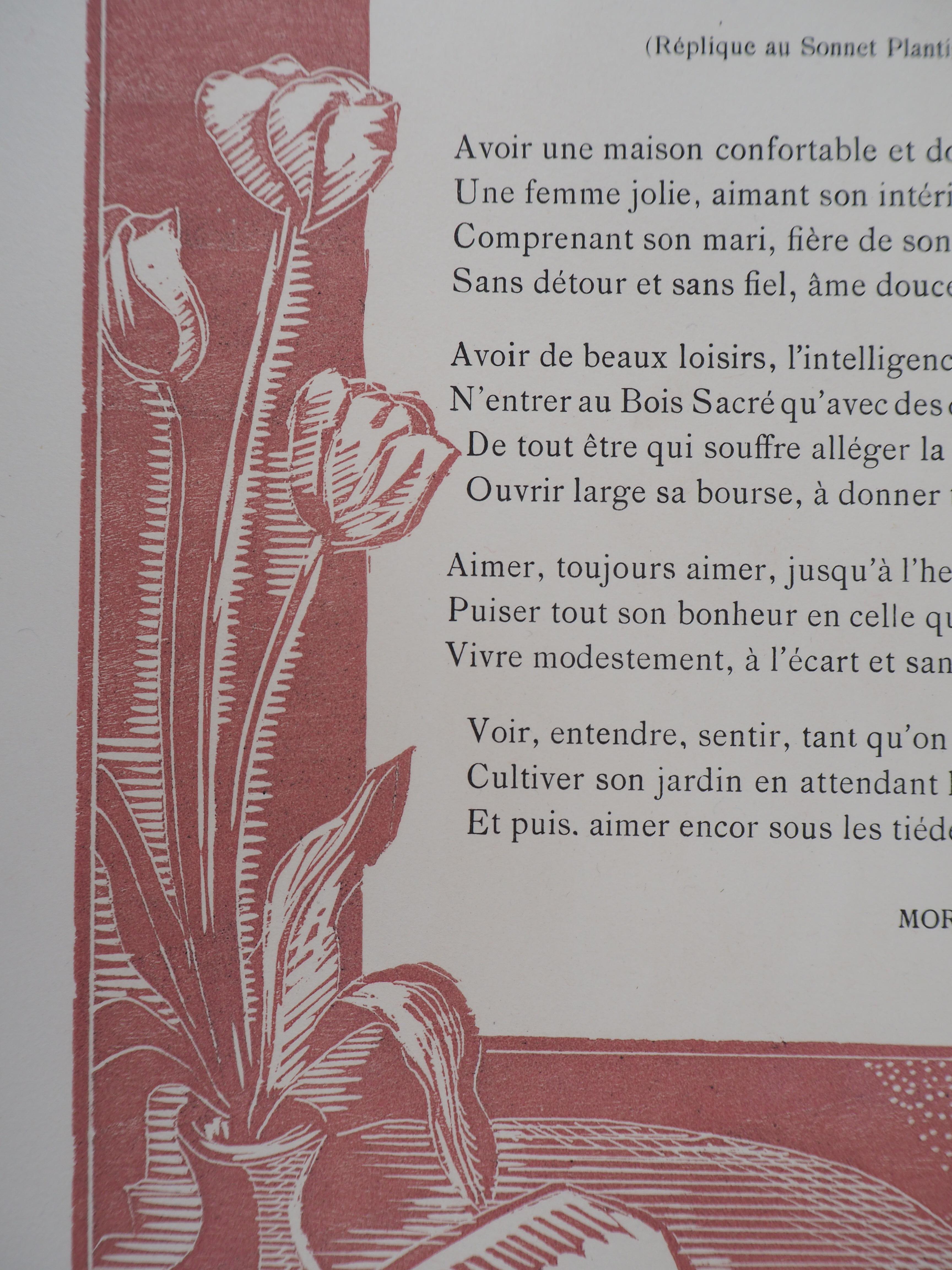 Poem : The Happiness of this World - Original wooodcut, Handsigned & Numbered - Gray Figurative Print by MORIN-JEAN