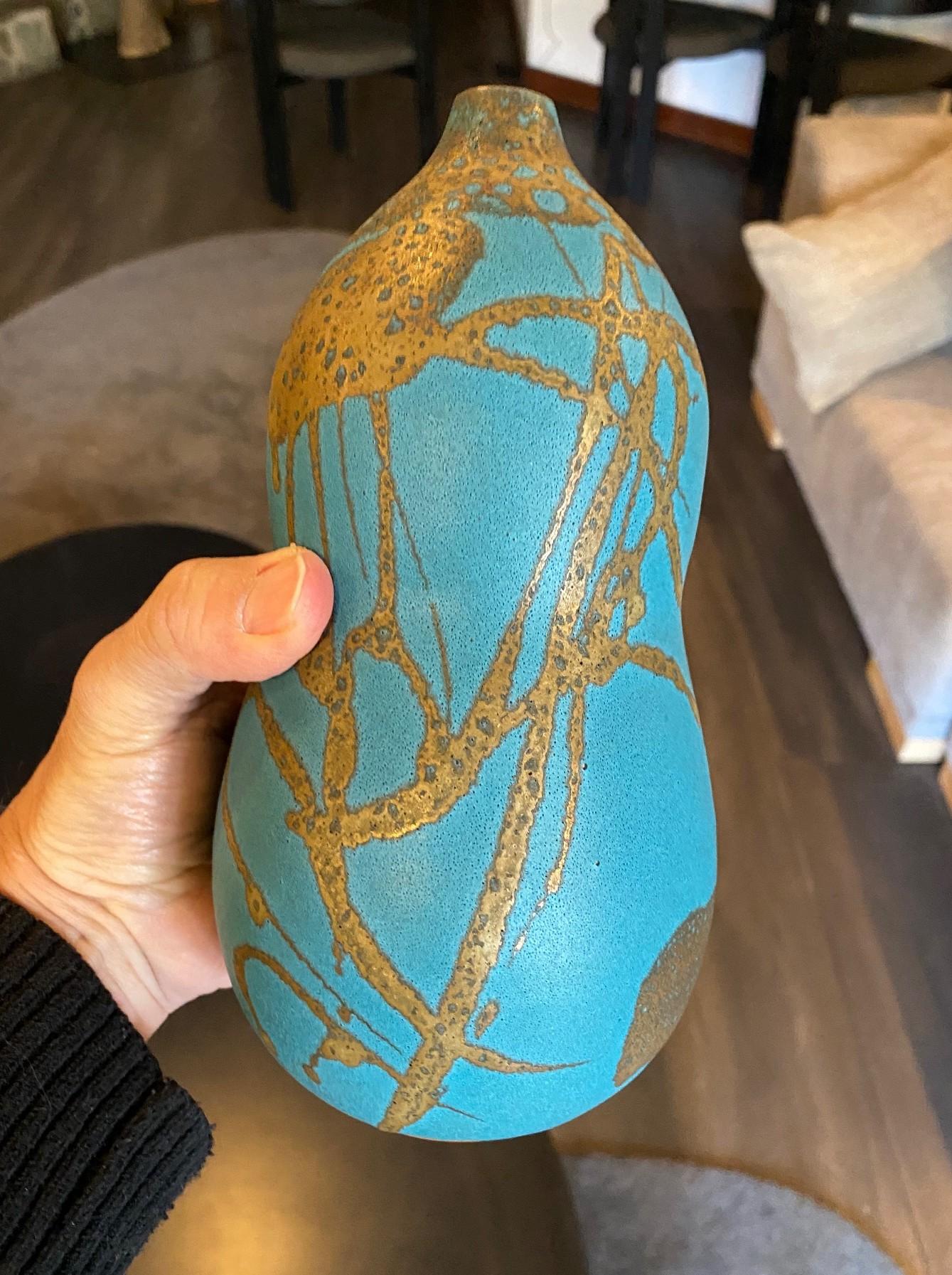 Hiroaki Taimei Morino Firmato Vaso d'arte a doppia zucca in ceramica giapponese Scatola originale 4