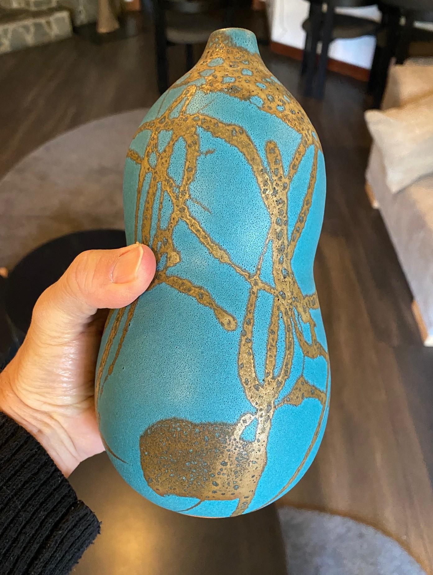 Hiroaki Taimei Morino Firmato Vaso d'arte a doppia zucca in ceramica giapponese Scatola originale 5