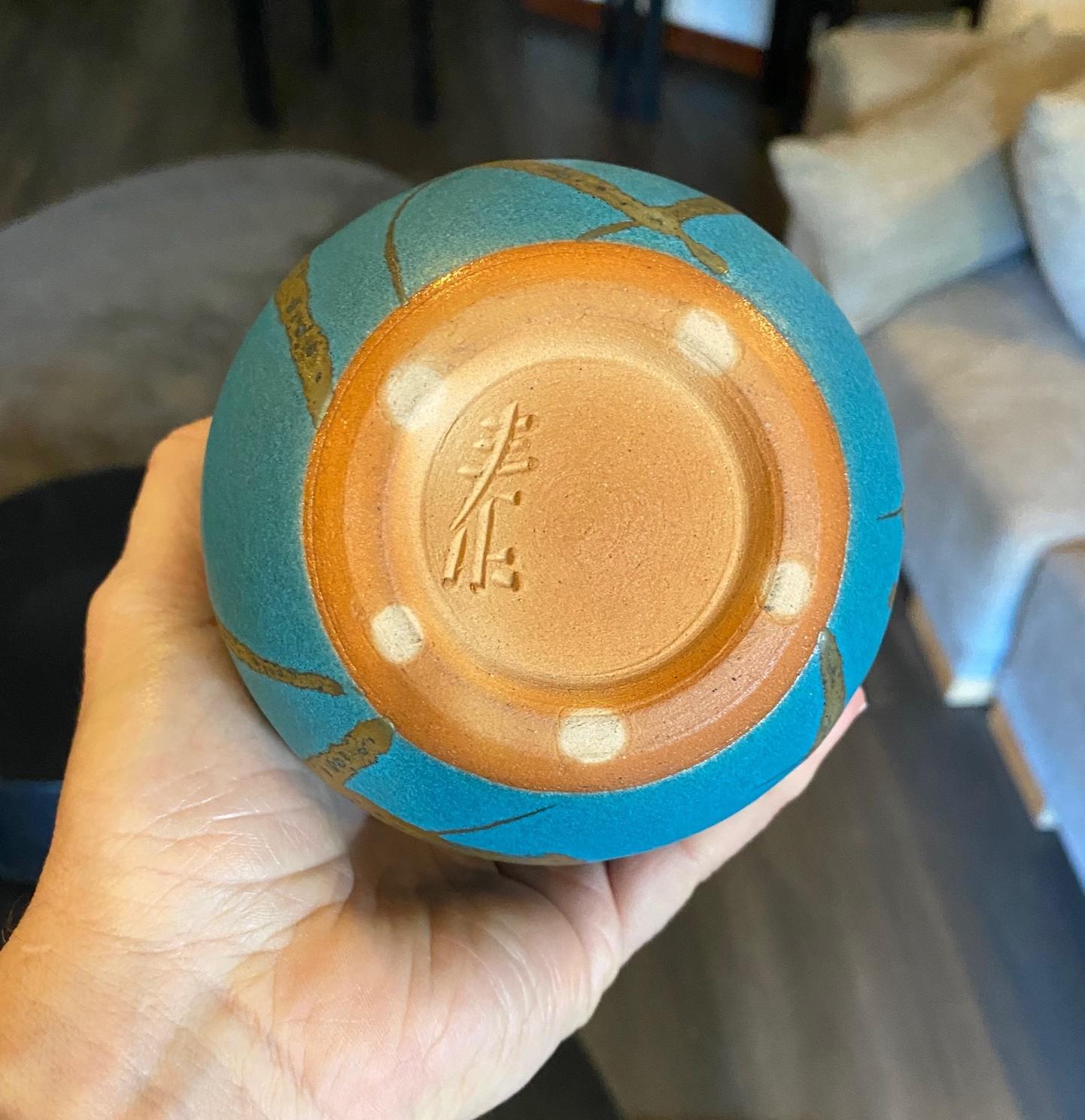 Hiroaki Taimei Morino Firmato Vaso d'arte a doppia zucca in ceramica giapponese Scatola originale 8