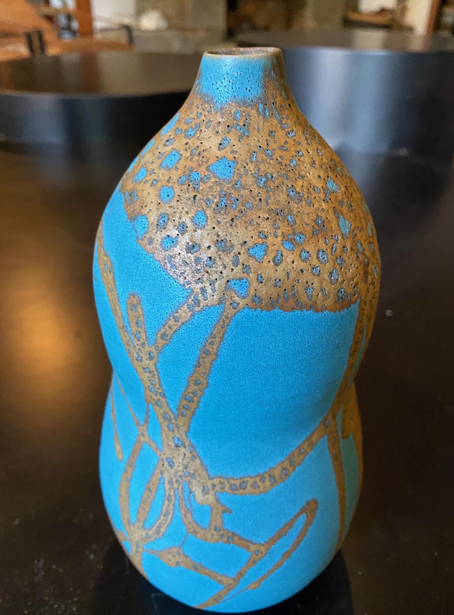Moderno Hiroaki Taimei Morino Firmato Vaso d'arte a doppia zucca in ceramica giapponese Scatola originale